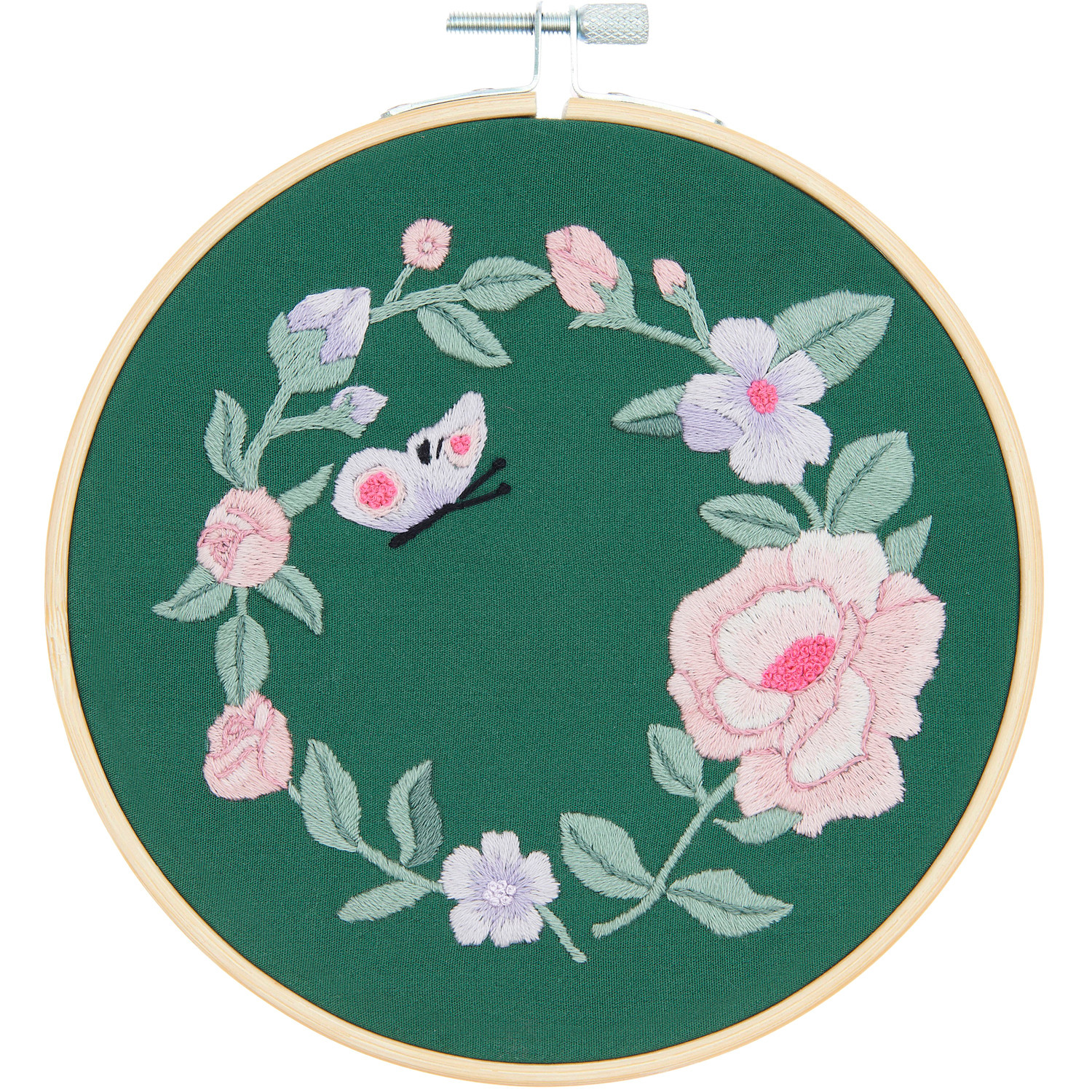 Stickpackung Blumenkranz vorgezeichnet: Grüner Hintergrund mit rosa Blumen und Schmetterling, Ø15cm.
