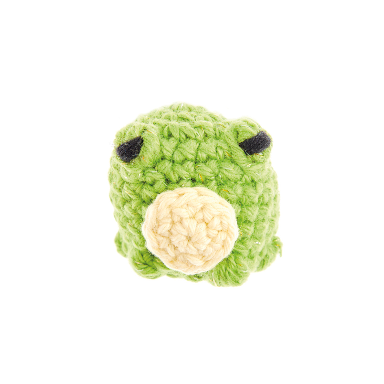Creative Ricorumi dk zeigt ein gehäkeltes Tiergesicht in Grün und Vanille, ideal für DIY-Projekte.