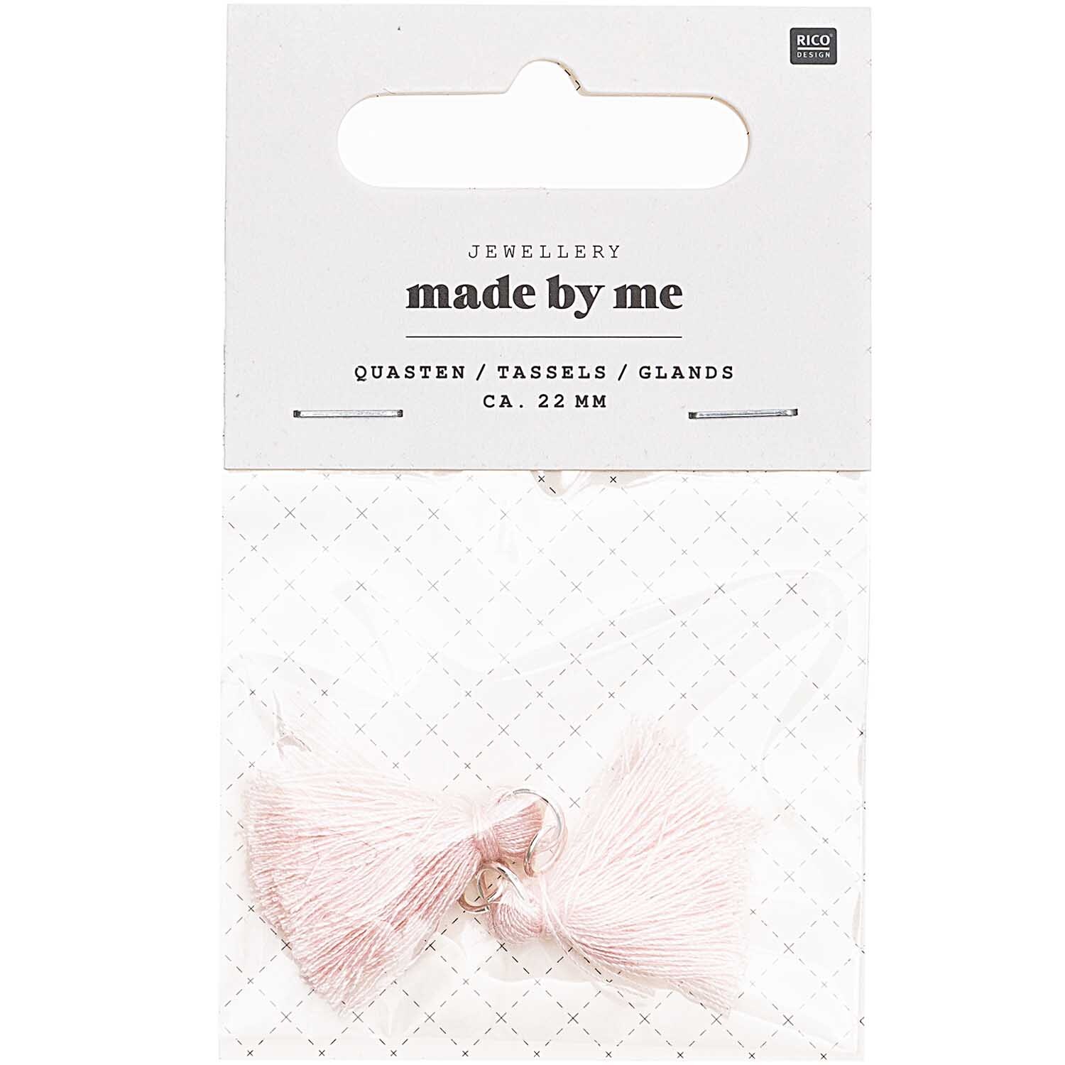 Quasten mit Öse 2,2cm 2 Stück in zartem Rosa von Rico Design, ideal für Schmuckherstellung.