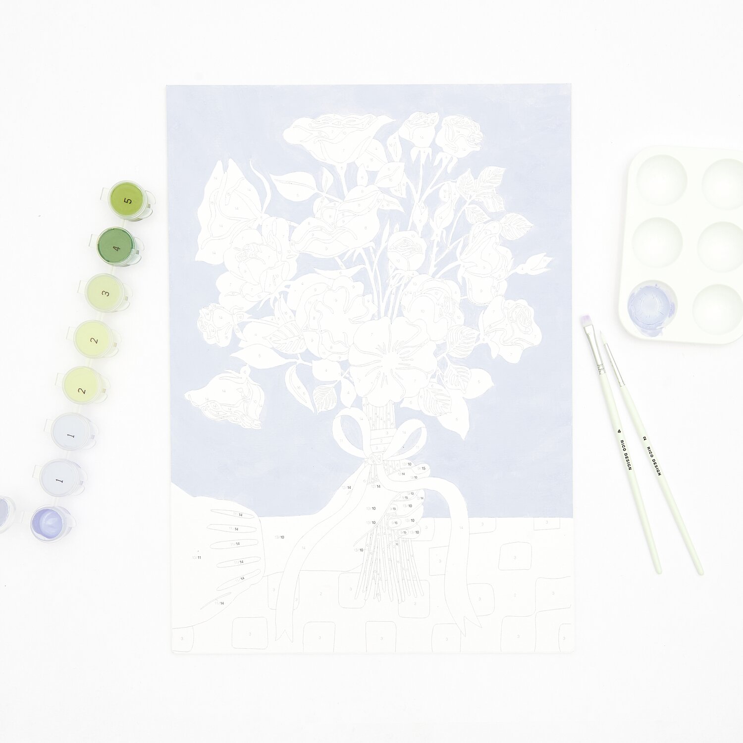 Malen nach Zahlen Rosen Bouqet: Ein unvollendetes Bild mit Rosenmotiv, Pinseln und Farbpalette. Größe 26x37cm. Ideal für kreative Hobbymaler.