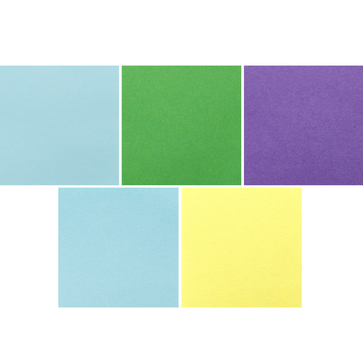 Mini-Origamipapier Multicolor von Rico Design, 5x5cm, 100 Blatt. Fünf bunte Quadrate in Blau, Grün, Lila, Hellblau und Gelb.