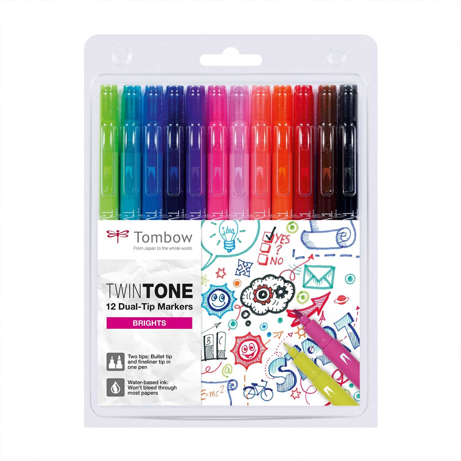 TwinTone Fasermaler Brights 12 Stück von Tombow in einer Verpackung mit bunten Stiften und kreativen Zeichnungen.