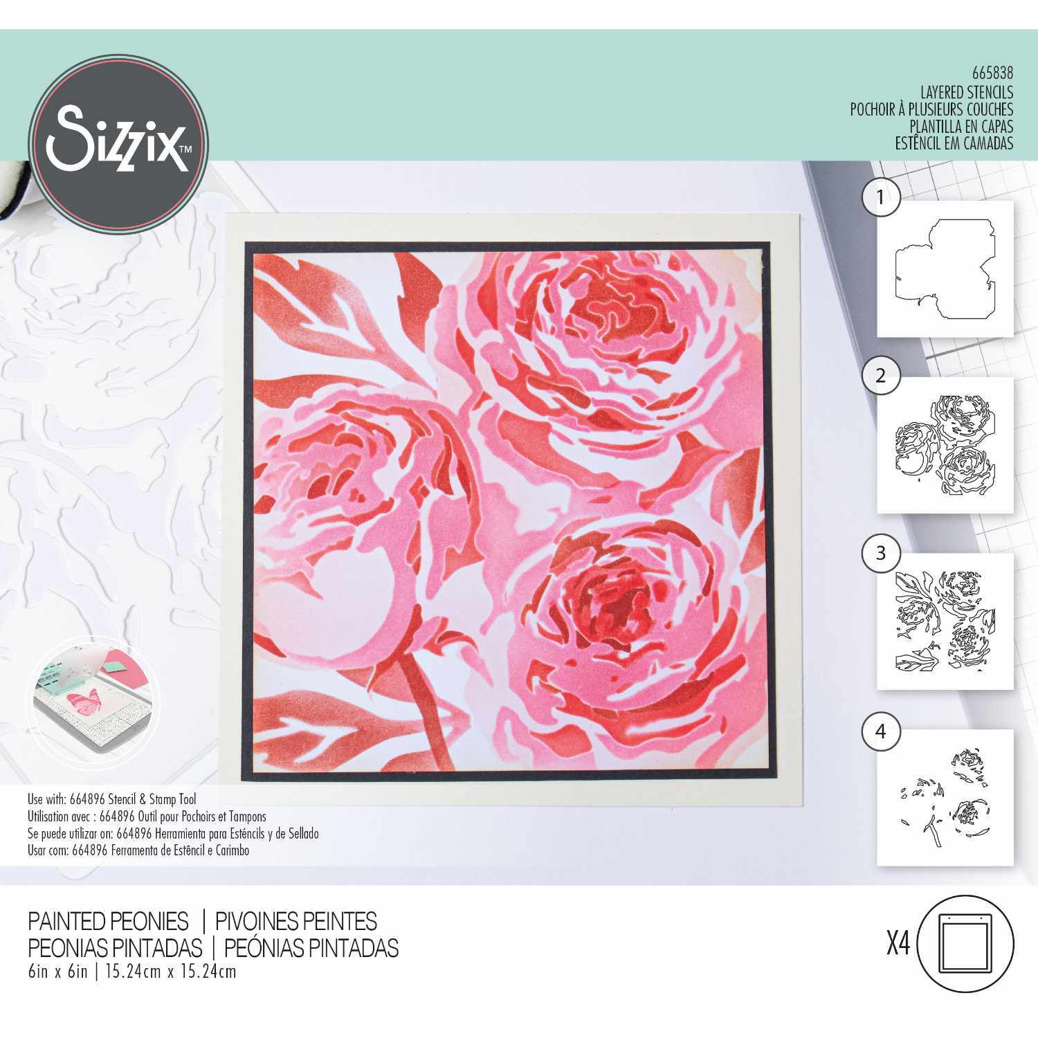 Layered Stencils Layered Peony von Olivia zeigt rosa Pfingstrosen-Design von Sizzix. Ideal für kreative Bastelprojekte.