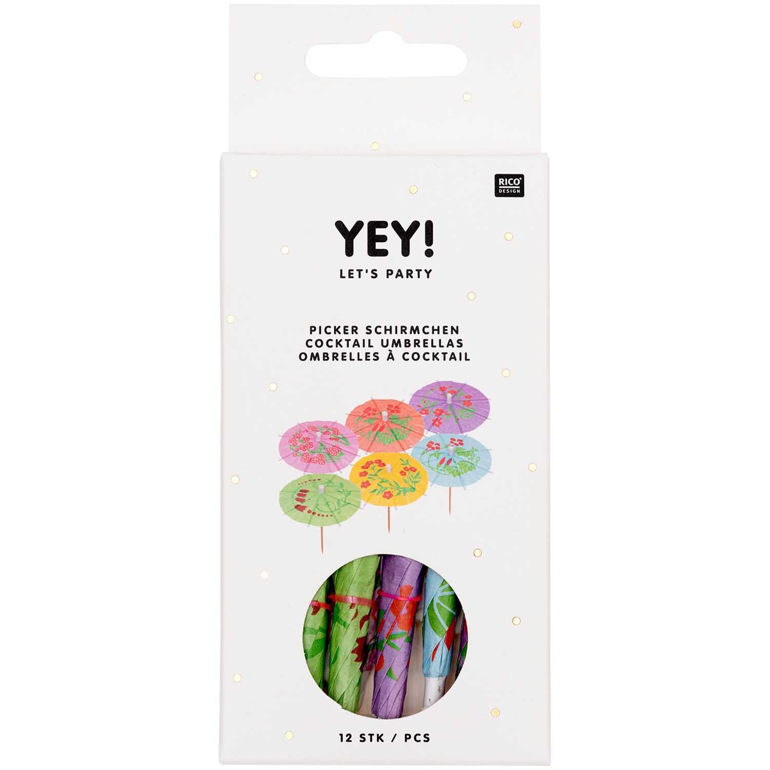 Picker Schirmchen floral 8,3cm 12 Stück von Rico Design: Bunte Cocktail-Schirmchen in einer Verpackung, ideal für Partys und Dekoration.