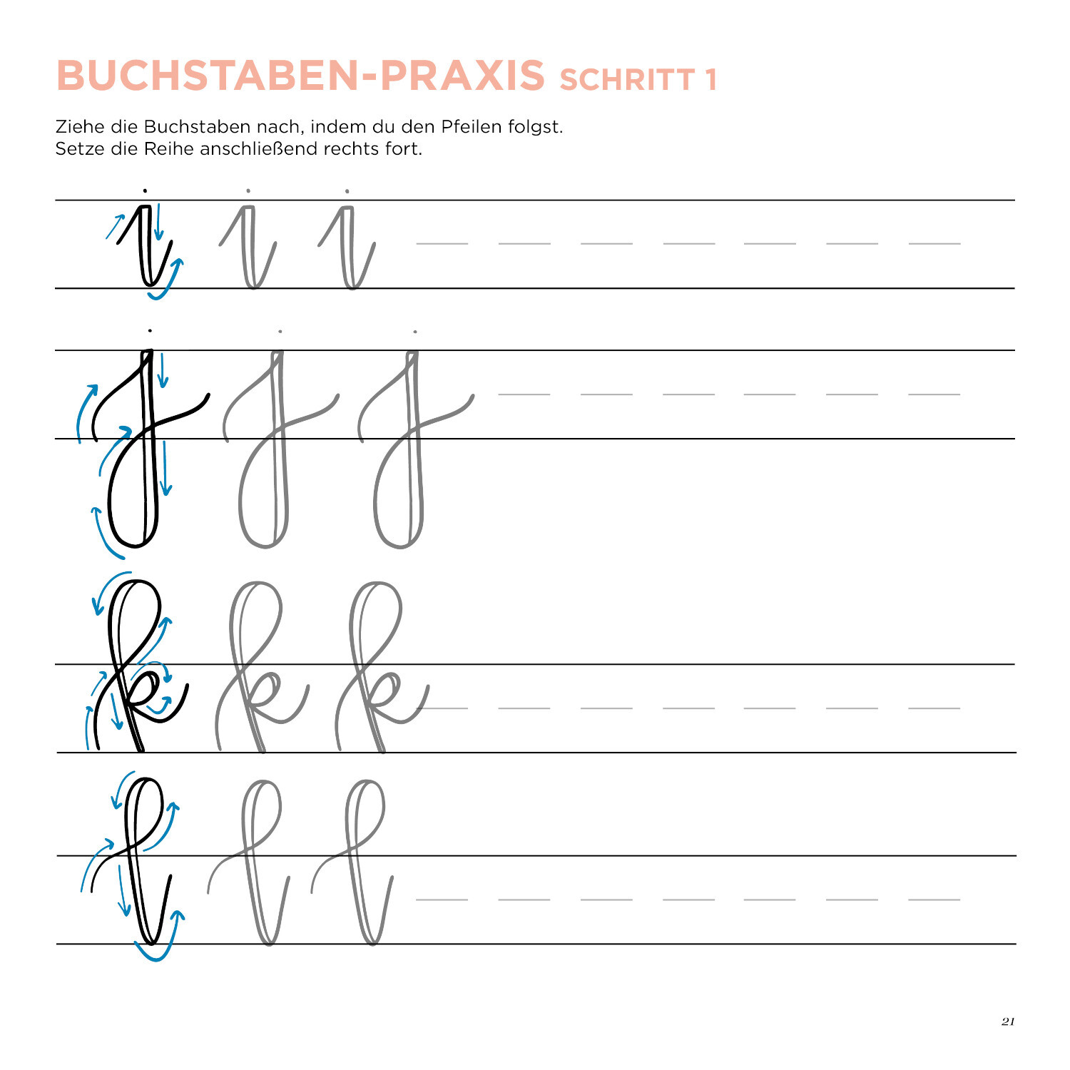 Handlettering - Dein Einstieg in die Kunst des kreativen Schreibens: Übungsblatt mit Buchstaben in Schwarz und Blau zum Nachzeichnen.