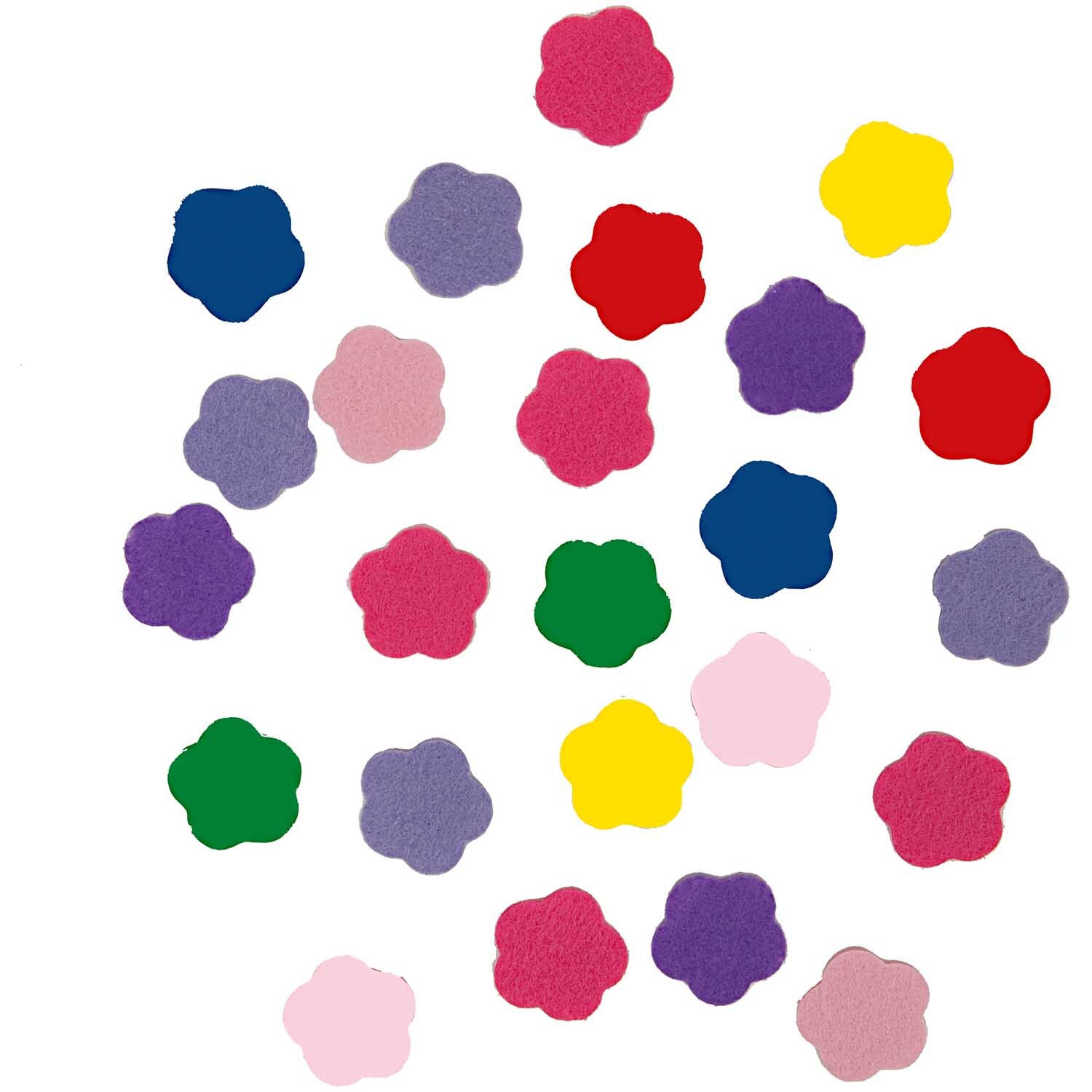 Filzblumen mehrfarbig selbstklebend von Rico Design in verschiedenen Farben auf weißem Hintergrund.