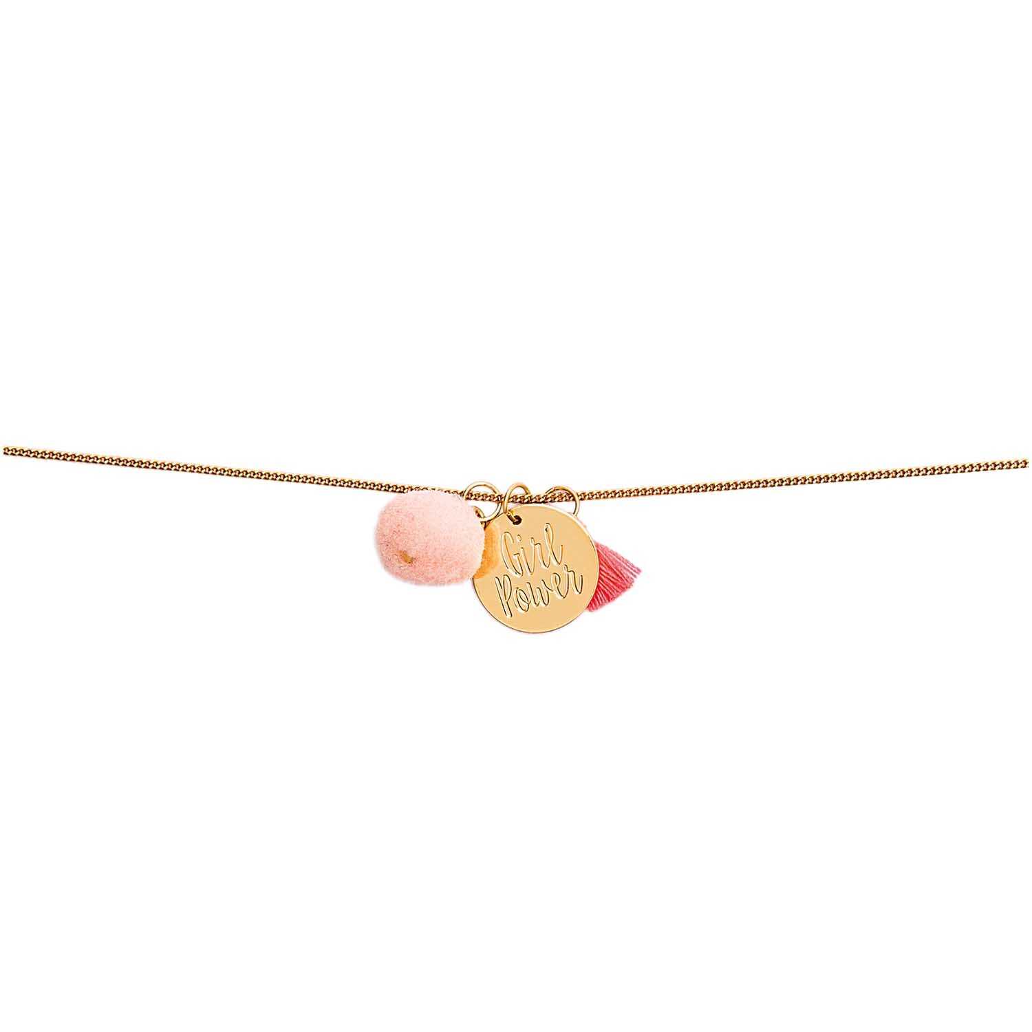 Mix it Up - Jewellery Anhänger zeigt eine goldene Scheibe mit "Girl Power" Gravur, verziert mit rosa Quaste und Pompon.