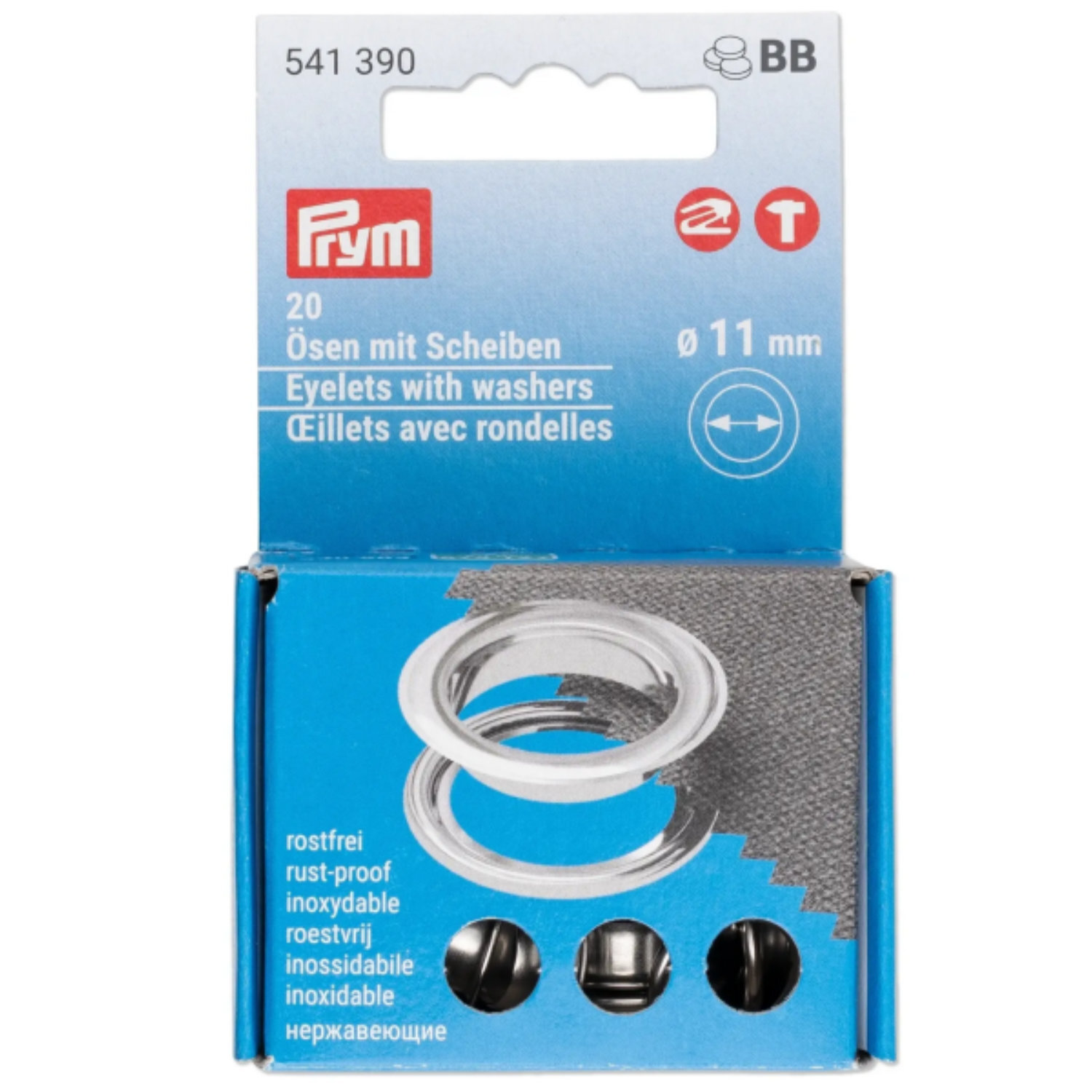 Ösen mit Scheiben, Ø11mm, 20 Stück von Prym. Verpackung zeigt silberne Ösen und Scheiben auf blauem Hintergrund.