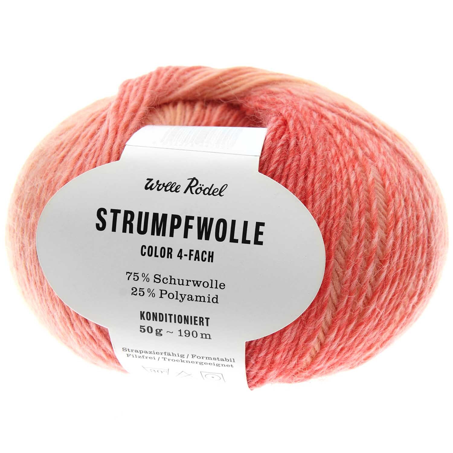 Strumpfwolle Color Strickset Socken Model 09 zeigt lachsfarbene Wolle von Wolle Rödel, ideal für kreative Strickprojekte.