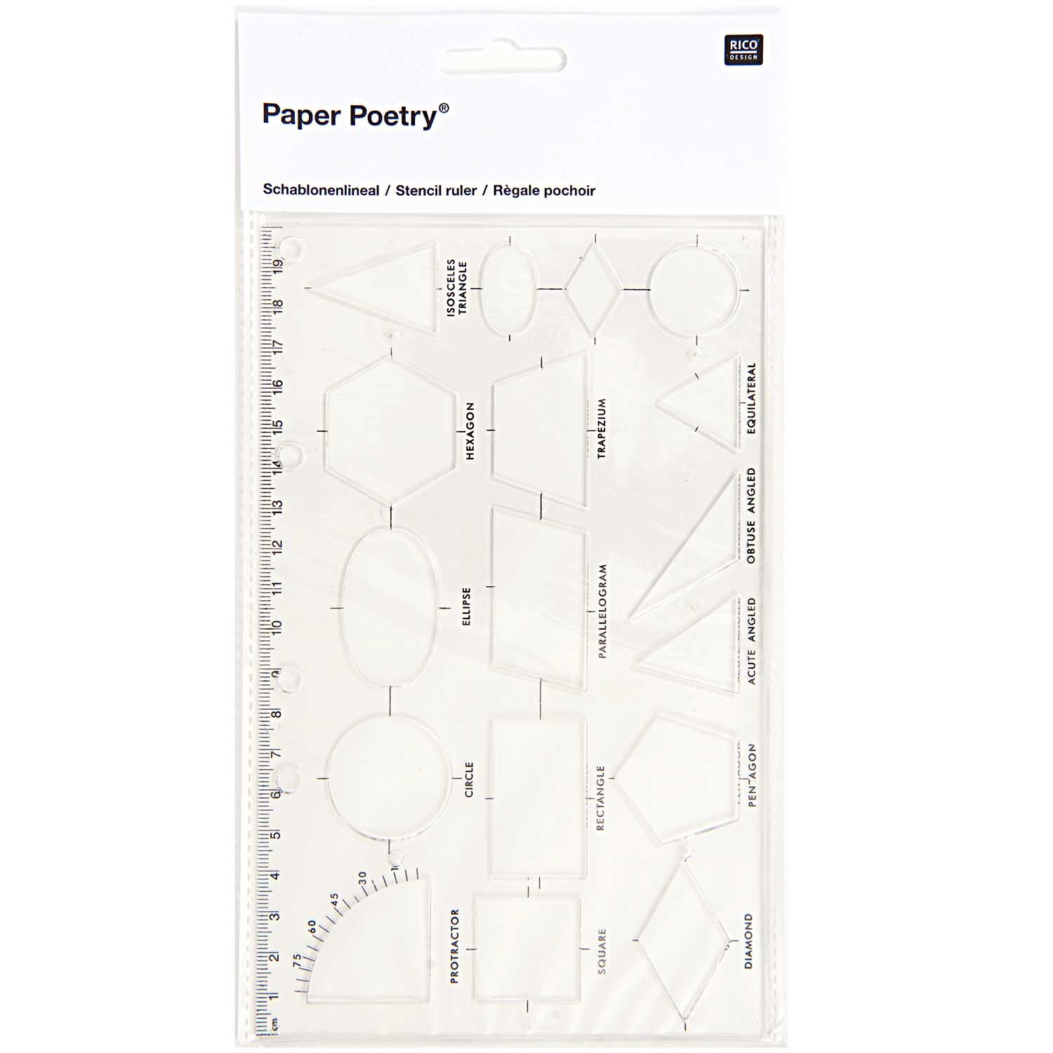 Paper Poetry Schablonenlineal mit geometrischen Formen, ideal für präzises Zeichnen. Marke: Rico Design.