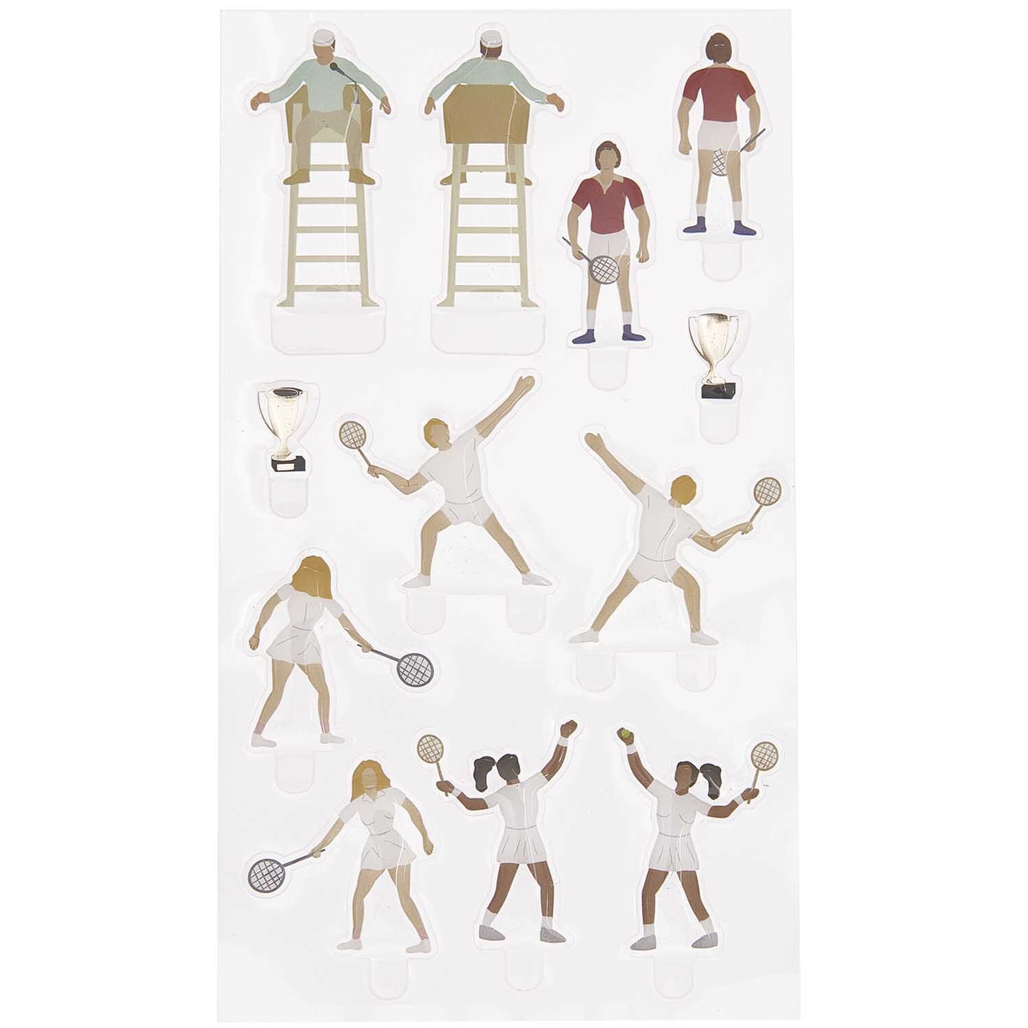 Figurico Gelsticker Tennisspieler: Bunte Sticker mit Tennisspielern und Schiedsrichtern in Aktion.