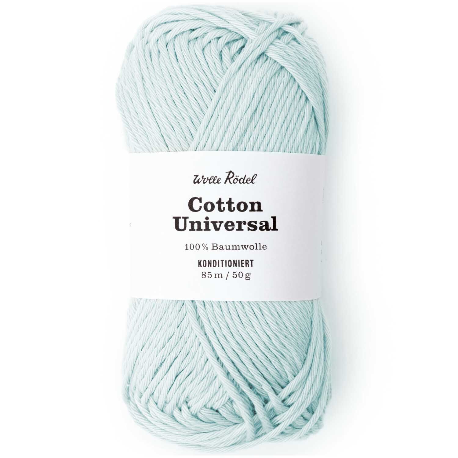 Cotton Universal: Hellblaue Baumwollgarnrolle von Wolle Rödel, ideal für vielseitige Strickprojekte.