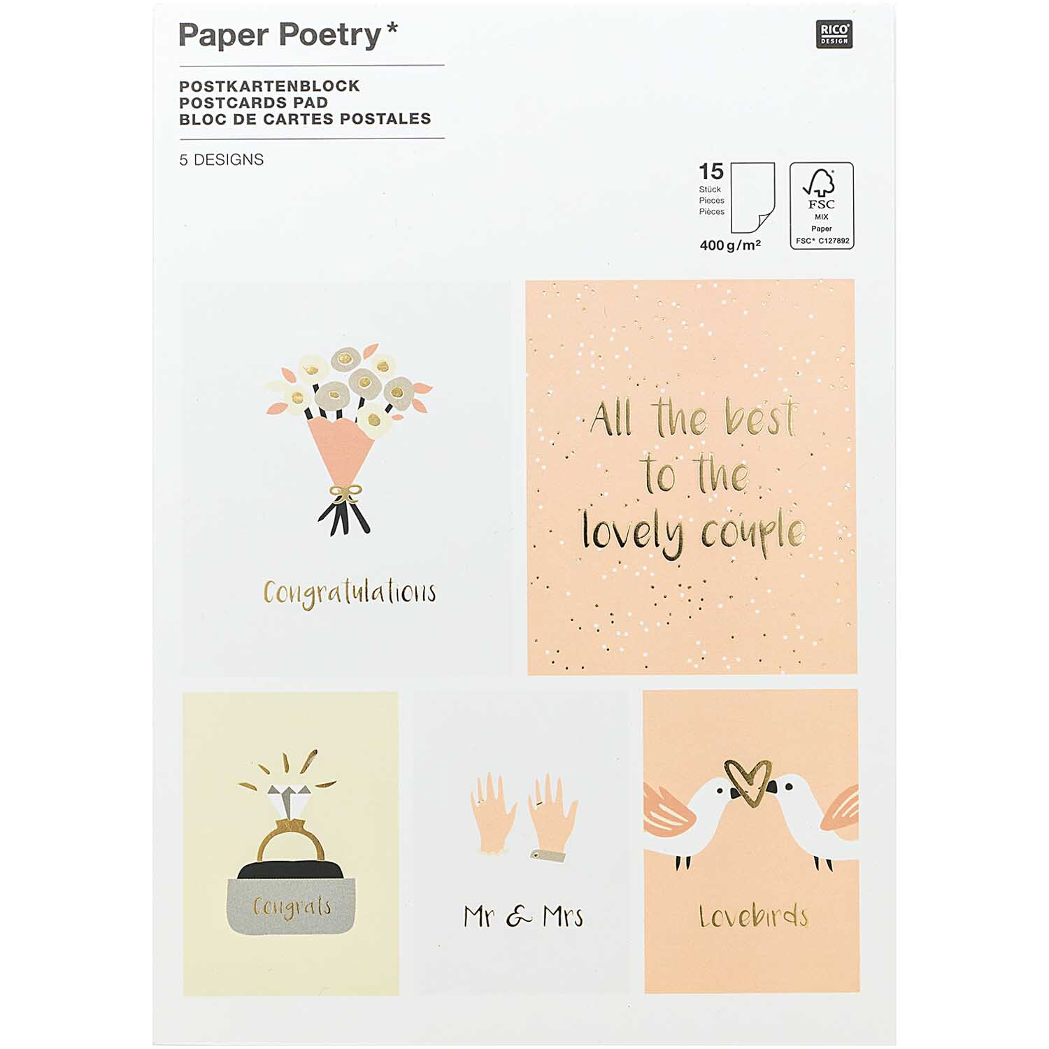 Paper Poetry Postkartenblock Hochzeit mit 15 Karten, zeigt bunte Designs für Hochzeitsglückwünsche.
