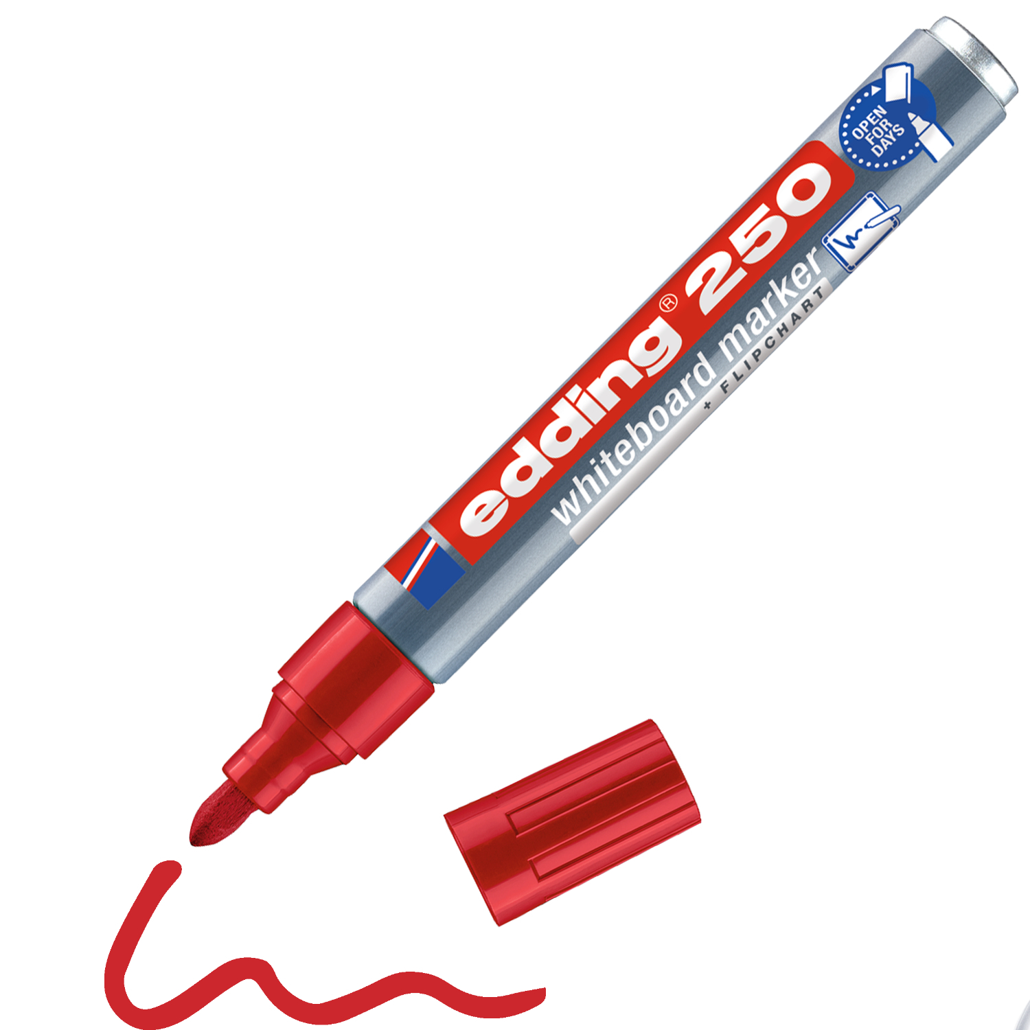 250 Whiteboard Marker 1,5-3mm in Rot von edding, ideal für klare, abwischbare Notizen.