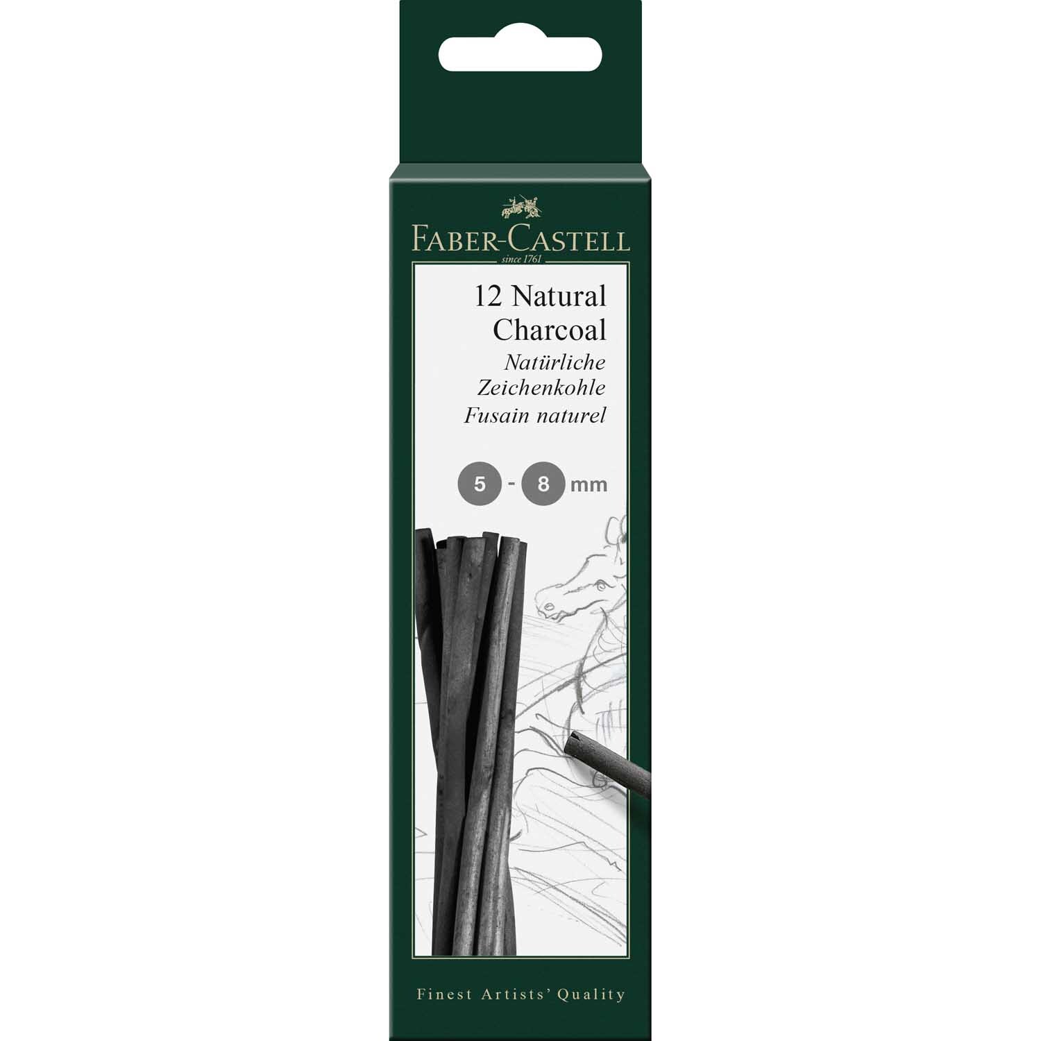 Natürliche Zeichenkohle Pitt 5-8mm 28g von Faber Castell in schwarzer Verpackung mit Kohleabbildung.