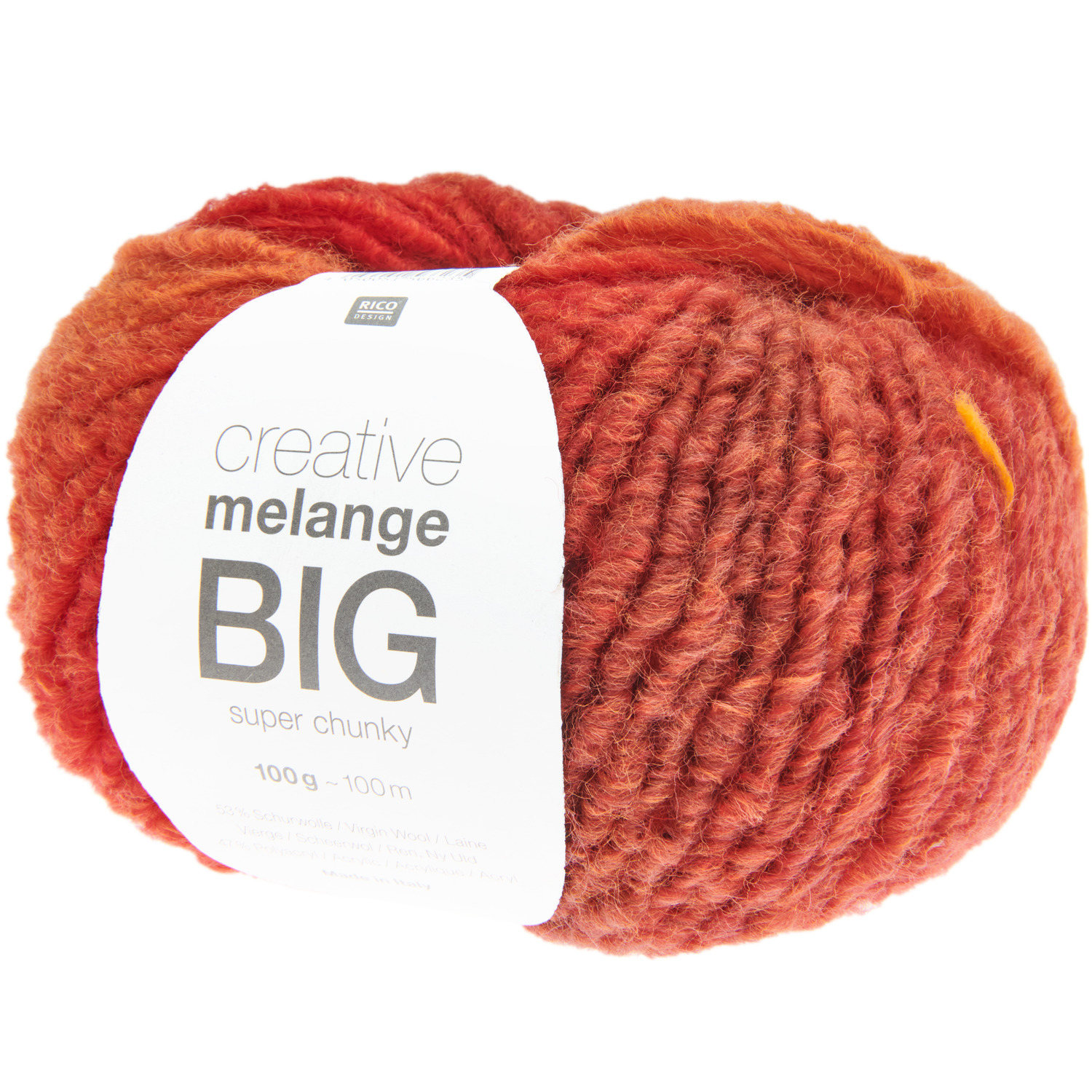 Creative Melange Big super chunky Wolle in Orange-Rot von Rico Design, 100g Knäuel, ideal für warme Strickprojekte.