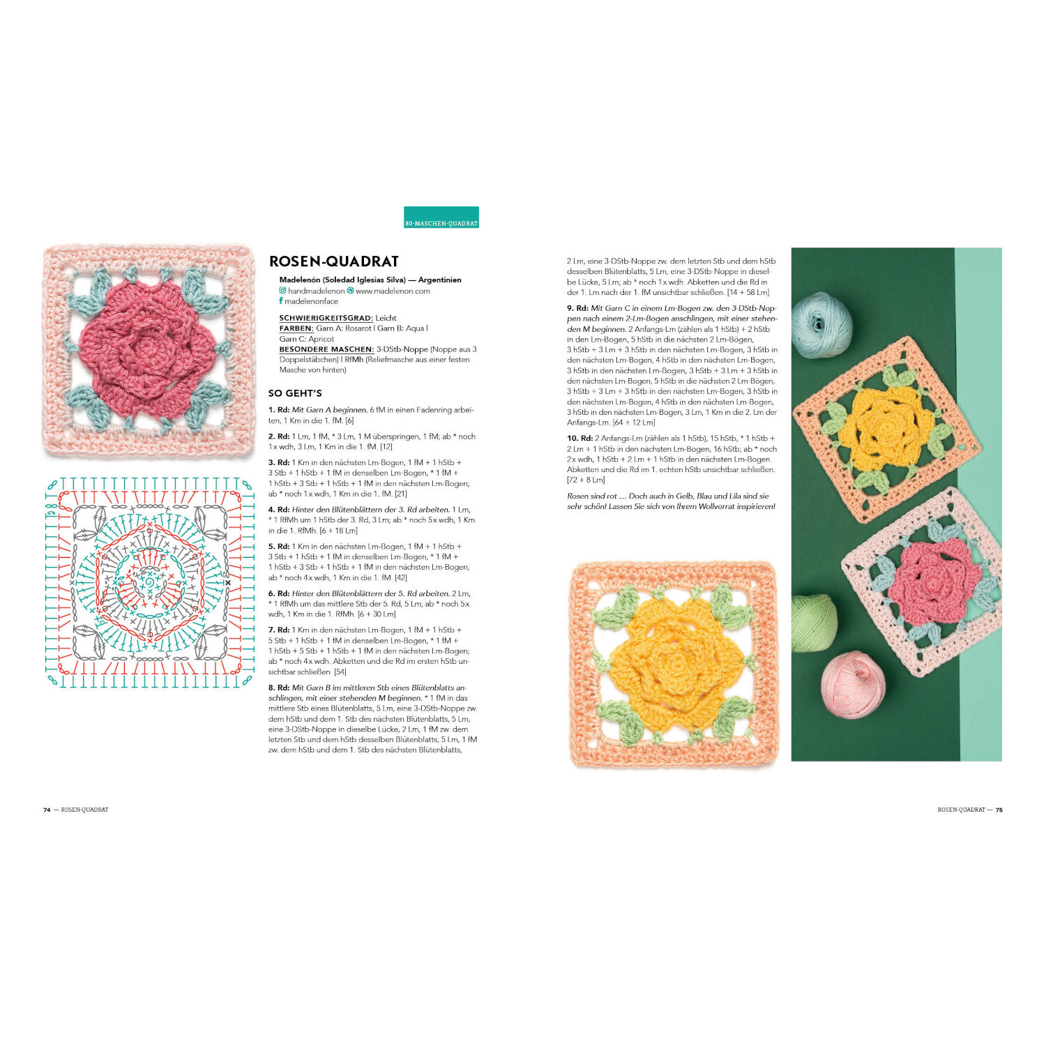 Musterbibel Granny Squares: Zwei Seiten mit bunten Häkelmustern und Anleitungen von EMF.