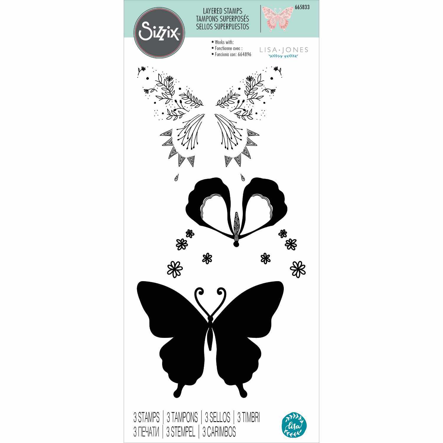 Layered Clear Stamps Decorated Butterfly zeigt detaillierte Schmetterlingsstempel von Sizzix, entworfen von Lisa Jones, ideal für kreative Projekte.