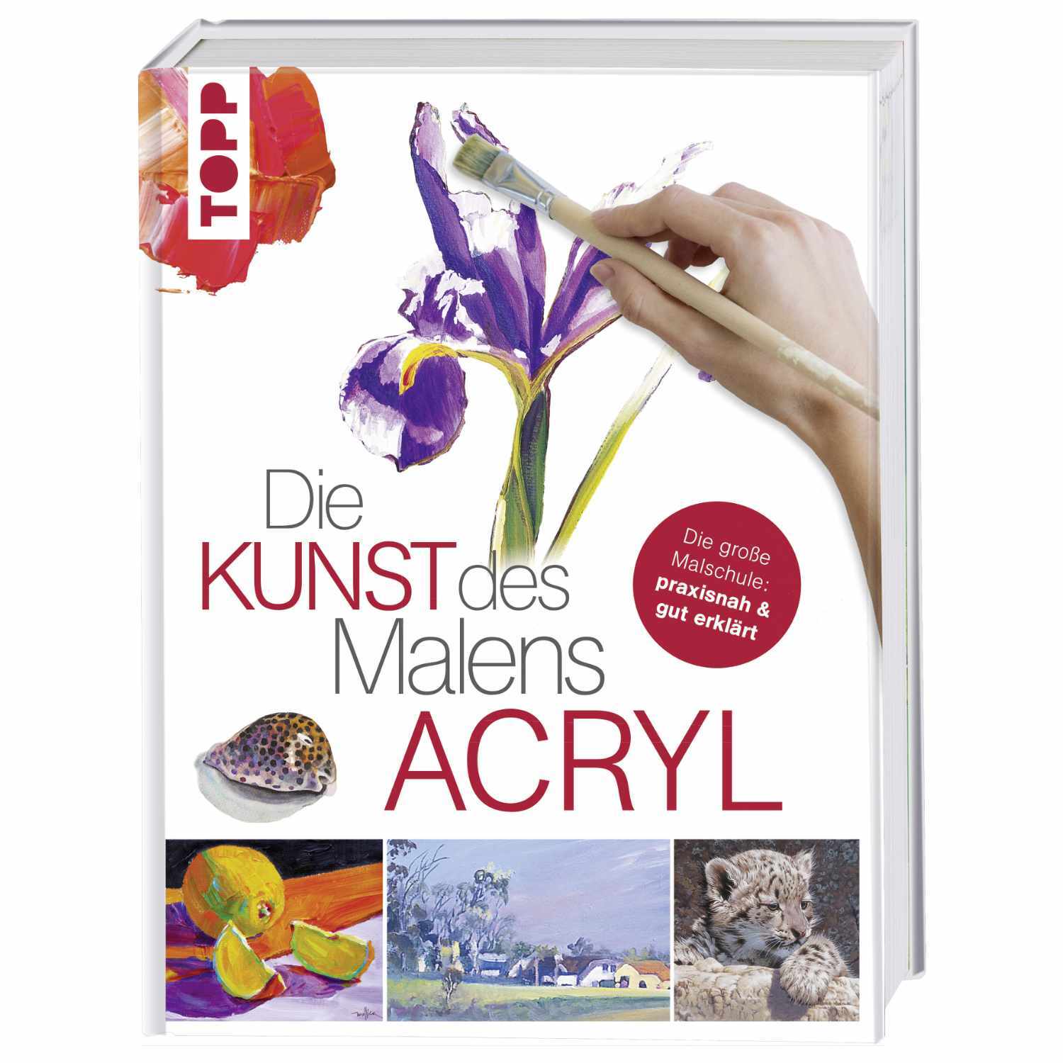Die Kunst des Malens Acryl: Buchcover mit Pinsel, lila Blume und Kunstwerken, Marke TOPP.