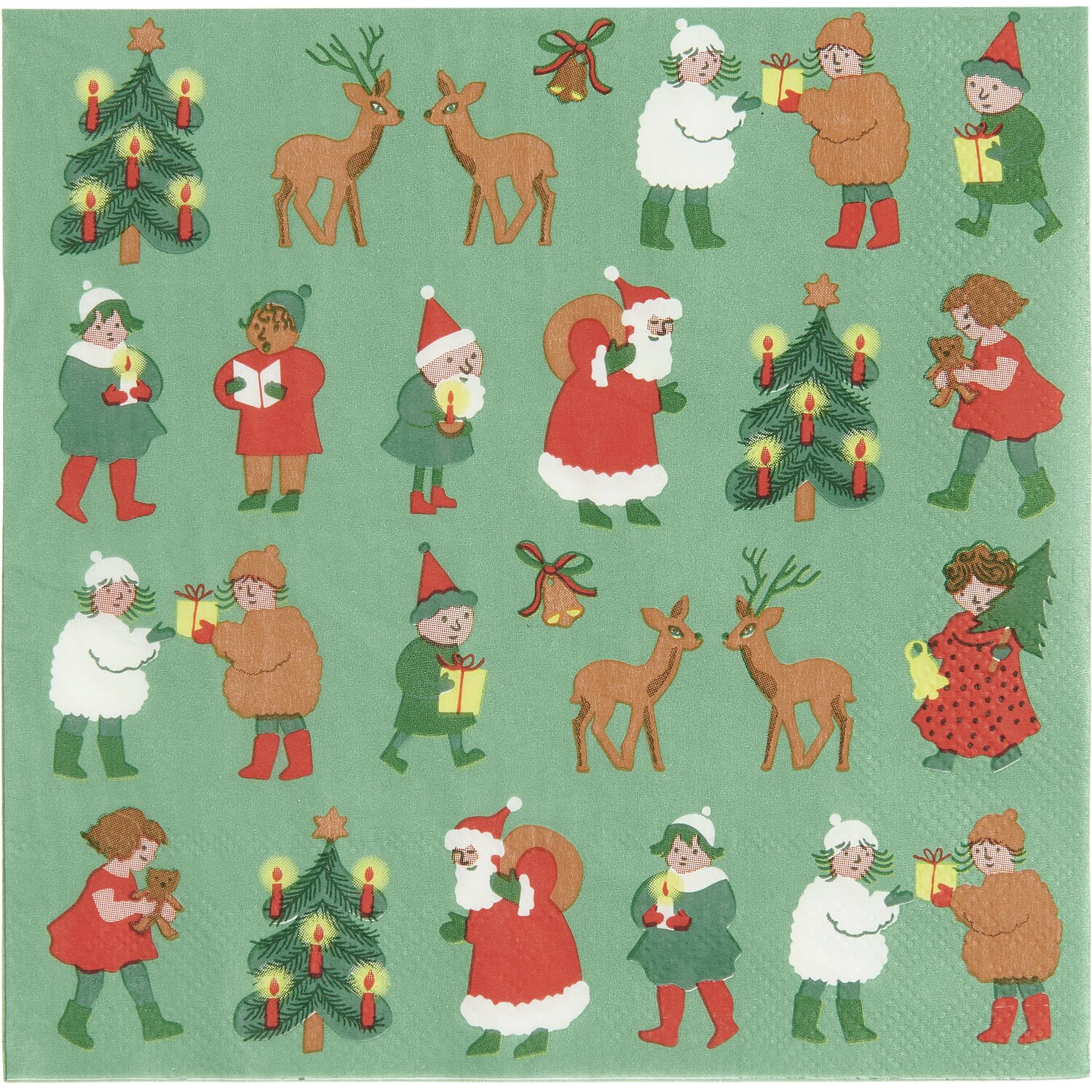 Servietten Weihnachtsfiguren mit festlichen Motiven auf grünem Hintergrund, 20 Stück von Rico Design.