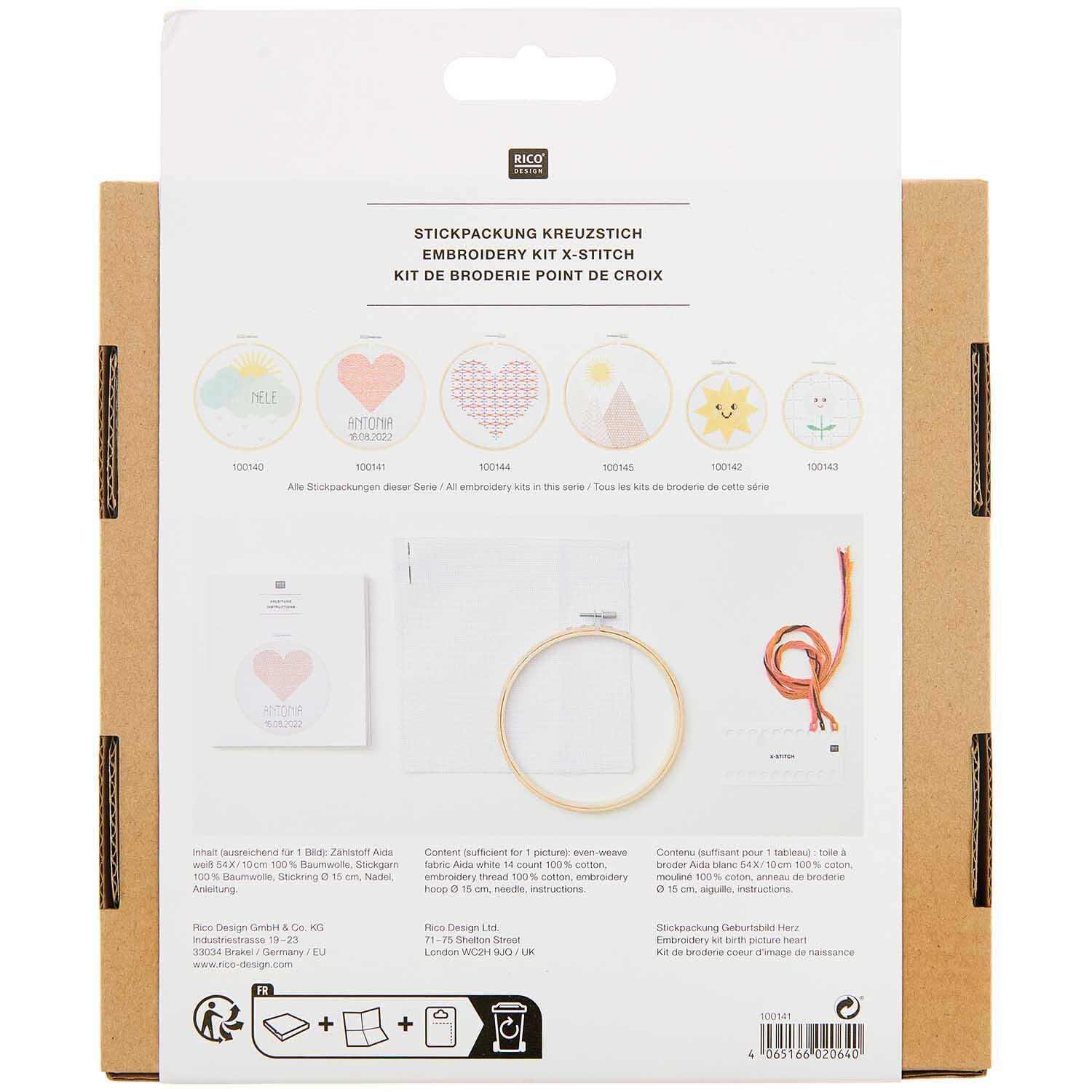 Stickpackung Geburtsbild Herz von Rico Design, zeigt ein Kreuzstich-Set mit Herzmotiv und Zubehör. Ideal für kreative Handarbeiten.