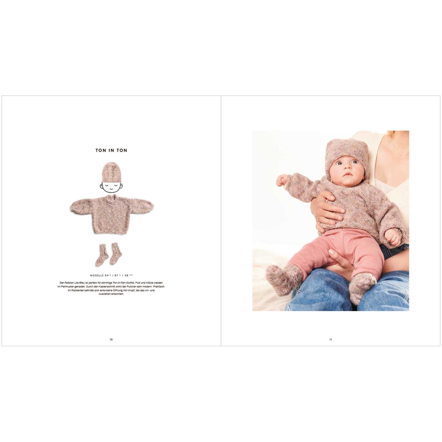 Baby Merino 02: Niedliches Baby in gestricktem Outfit von Rico Design, gehalten von einem Erwachsenen.