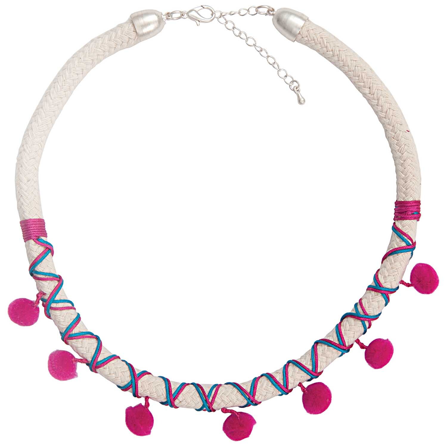 Baumwollkordel natur geflochten 8mm 1m von Rico Design, dekoriert mit bunten Bändern und rosa Pompons.