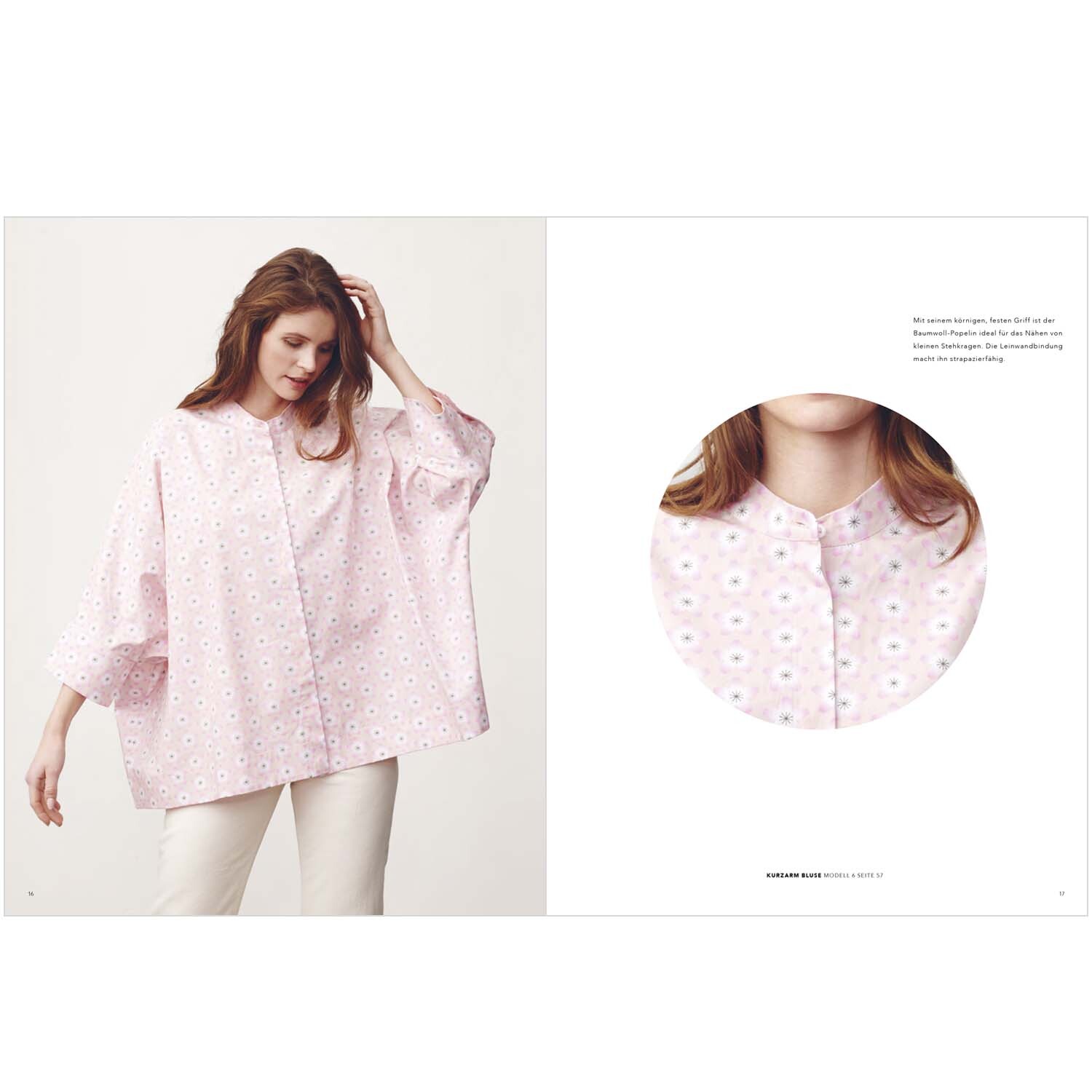 Das Rico Nähbuch Sakura Sakura zeigt ein Modell in einem rosa Oberteil mit Blumenmuster von Rico Design.