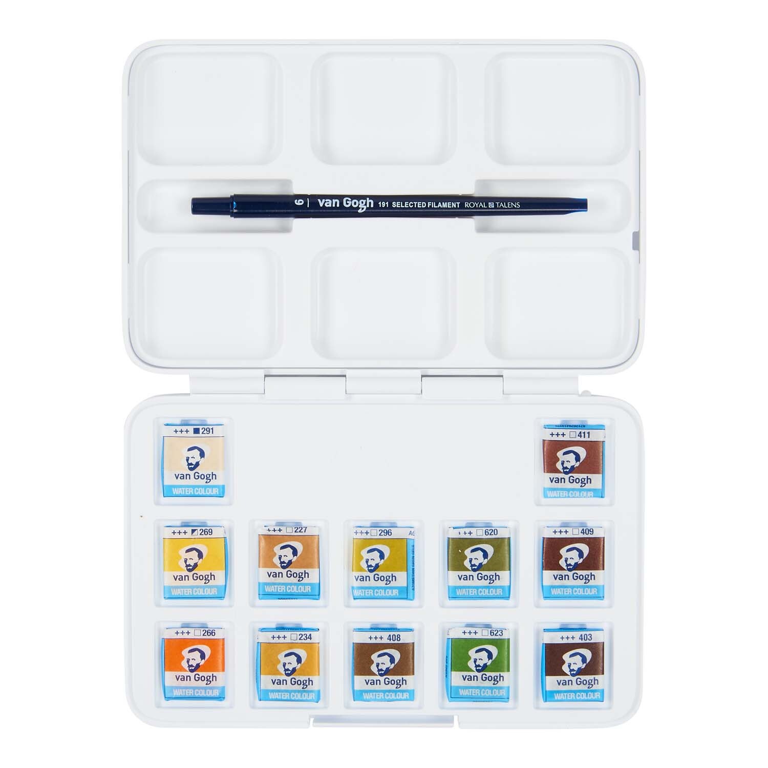 Aquarell Set Naturfarben 12 Näpfchen mit van Gogh Pinsel in offener Box, ideal für Künstler.