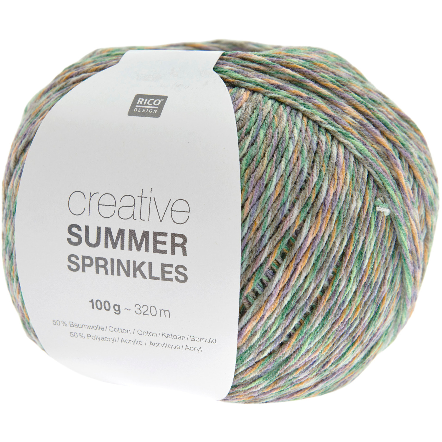 Creative Summer Sprinkles, bunte Garnrolle von Rico Design, 100g, 320m, ideal für Strickprojekte.