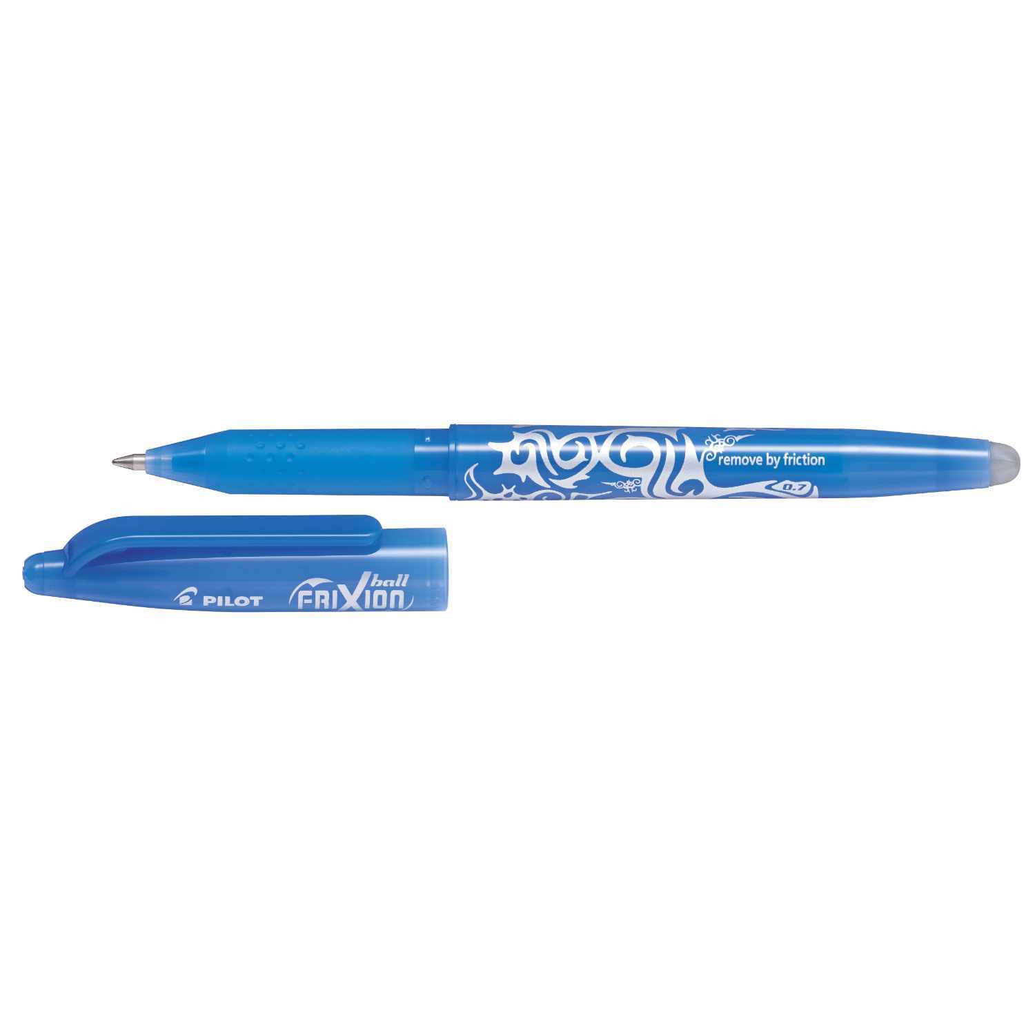 Frixion Ball Gelstift in leuchtendem Blau von PILOT, mit abnehmbarem Deckel und eleganten weißen Mustern.