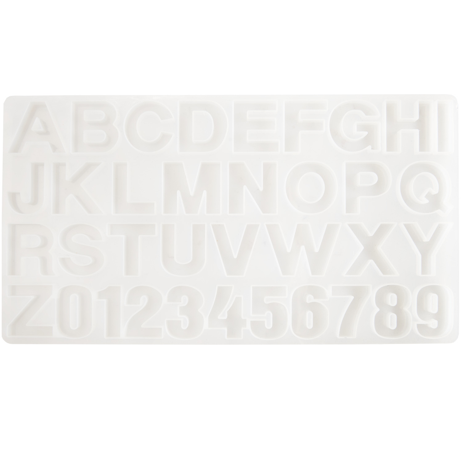 Silikon Gießform Alphabet von Rico Design zeigt Buchstaben und Zahlen auf weißem Hintergrund.