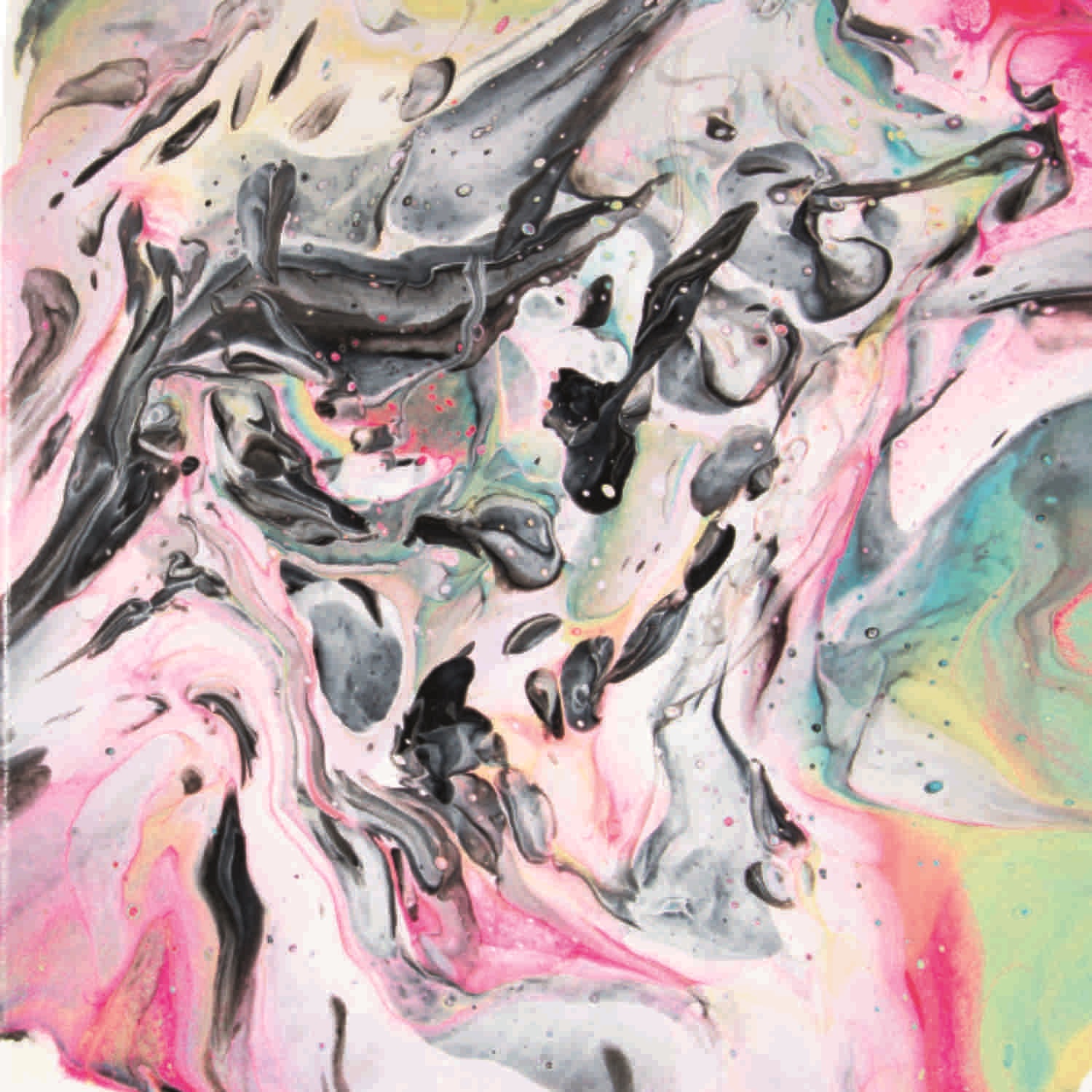 Buntes Bild mit schwarzen Akzenten aus Acrylfarben gegossen. Ausschnitt des Bildes.