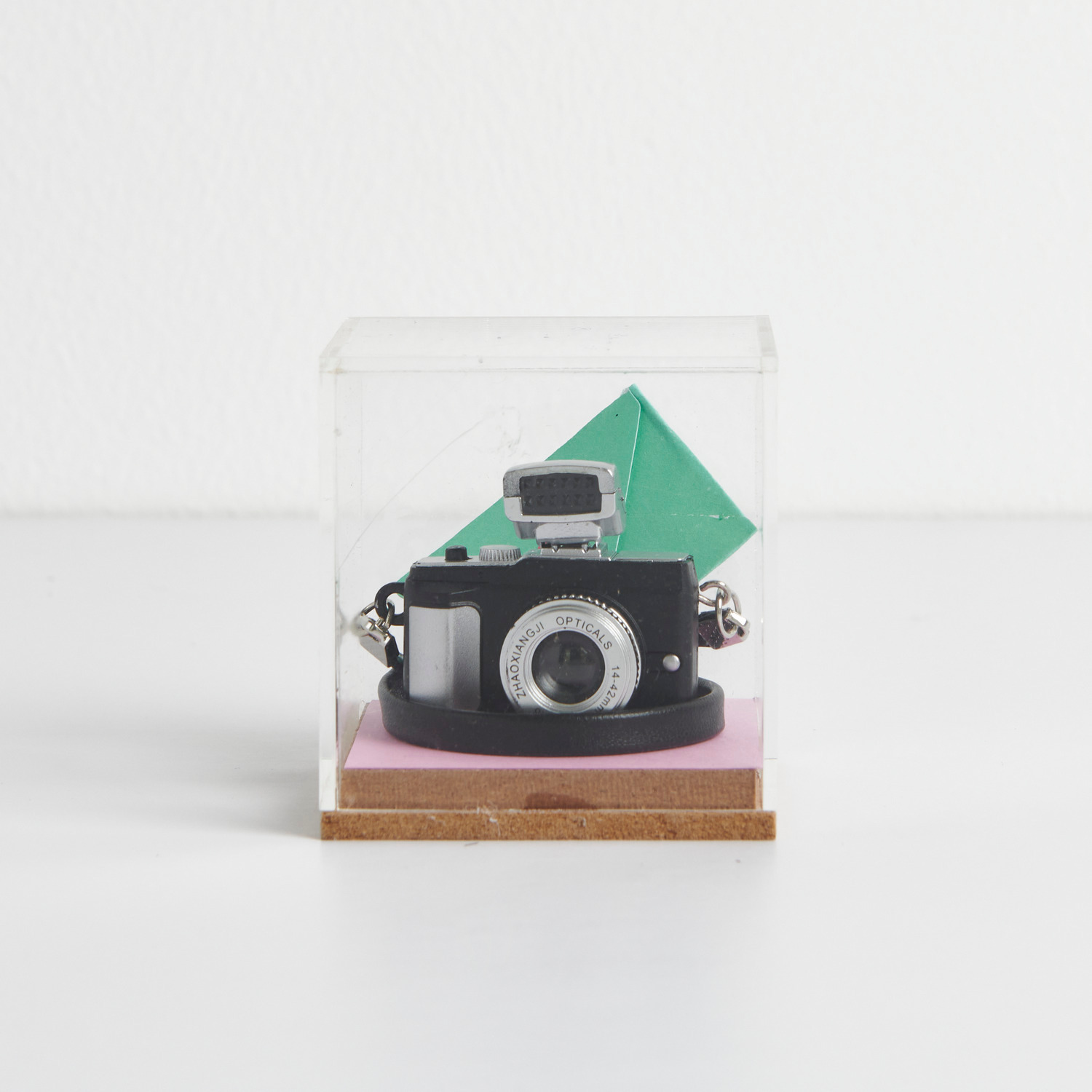 Miniatur Kamera in einer transparenten Dekohaube mit grünem Hintergrund, von Rico Design.