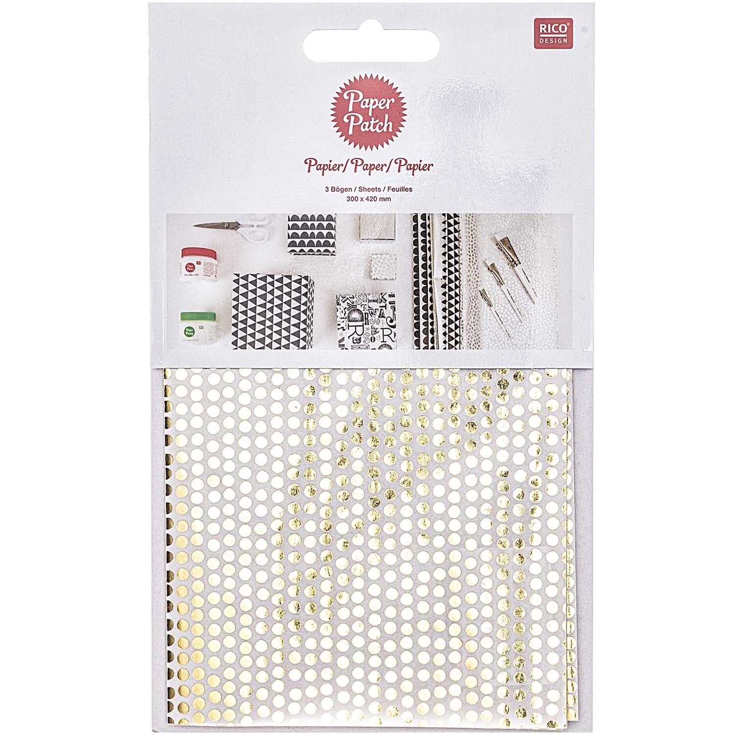 SB Paper Patch Papier Dots gold 30x42cm 3 Bogen Hot Foil von Rico Design