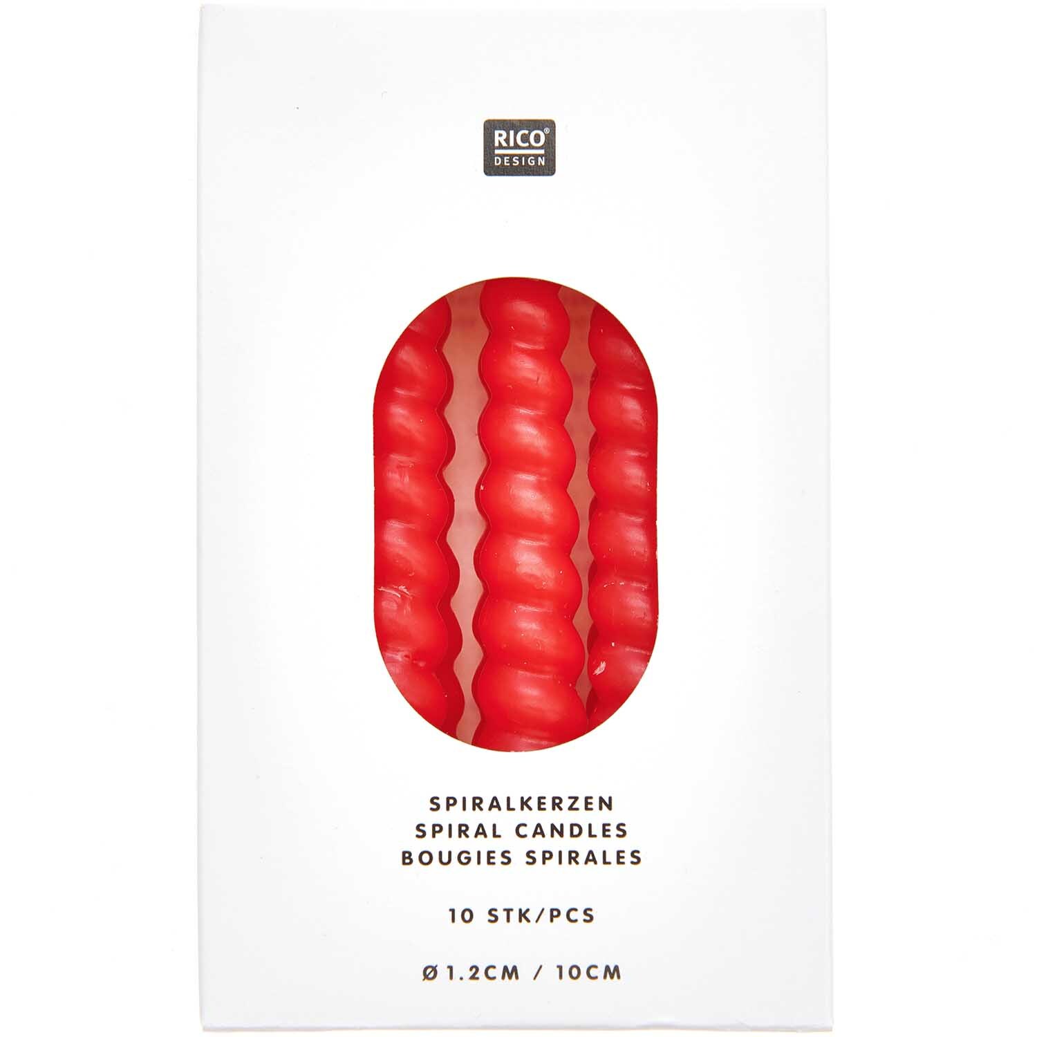 Spiralkerzen 1,2x10cm 10 Stück in leuchtendem Rot von Rico Design, präsentiert in einer eleganten Verpackung.