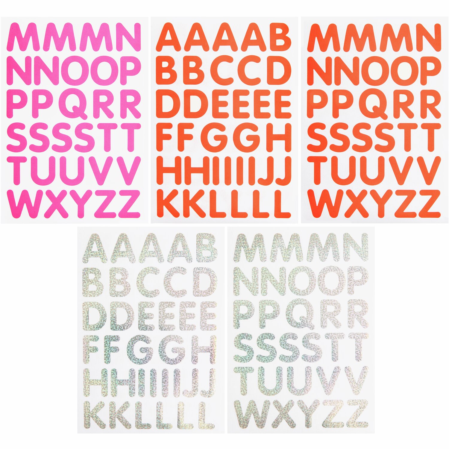 Stickerblock Alphabet DIN A5: Bunte Buchstabensticker in Pink, Orange und Glitzeroptik, 10 Blatt.