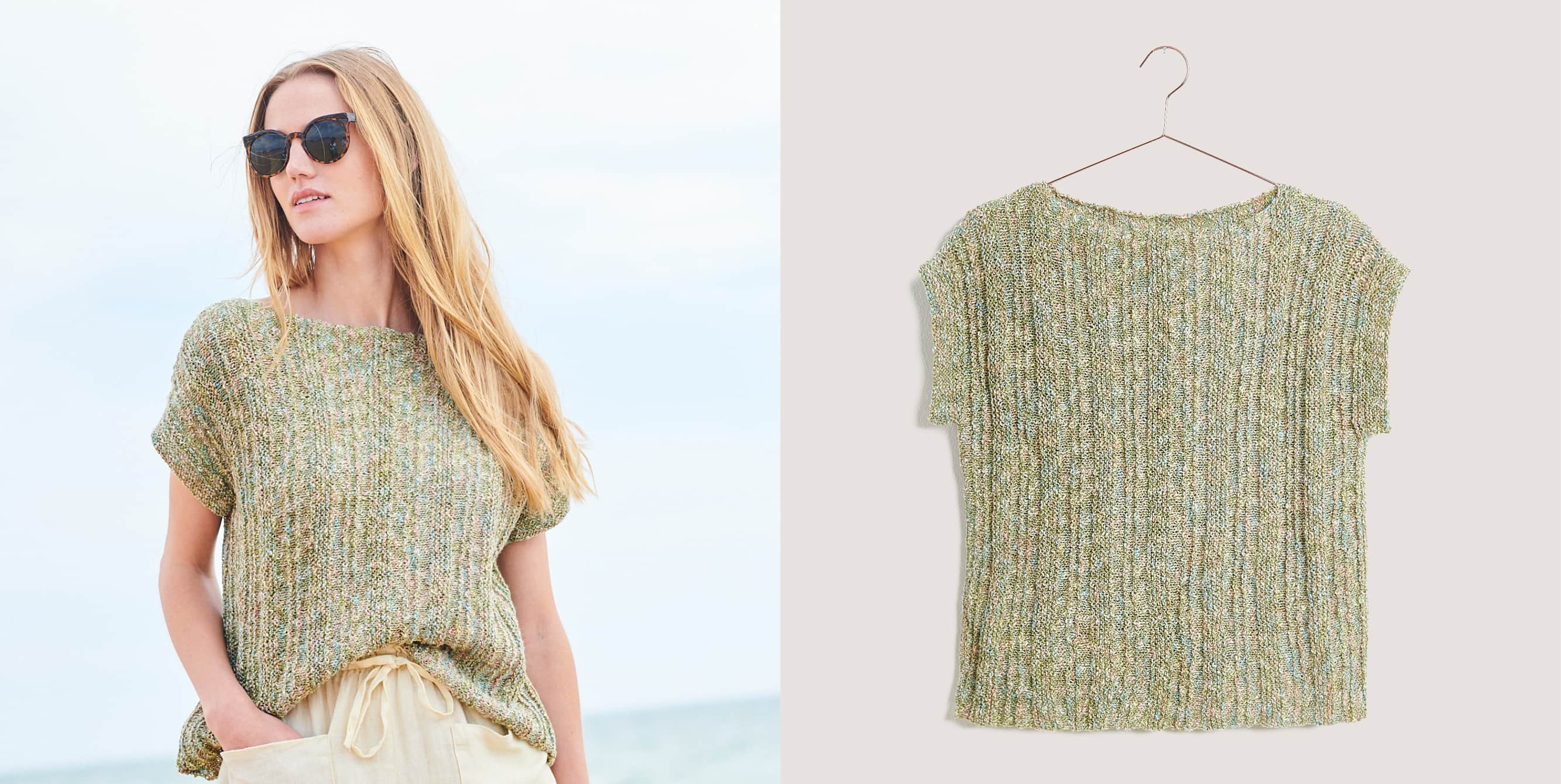 Gestricktes Shirt Modell 26 aus Lovewool No. 18 getragen am Model und auf einem Kleiderbügel