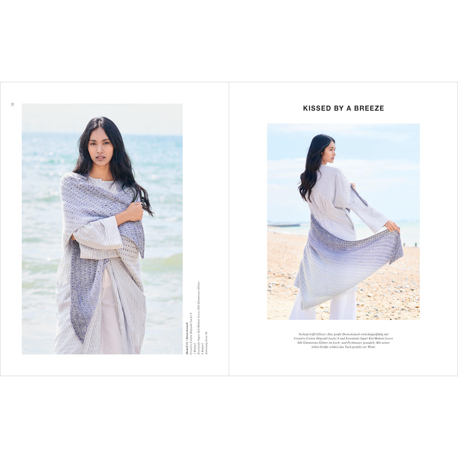 Tücher Special: Frau am Strand mit einem eleganten, hellen Tuch von Rico Design, das im Wind weht.