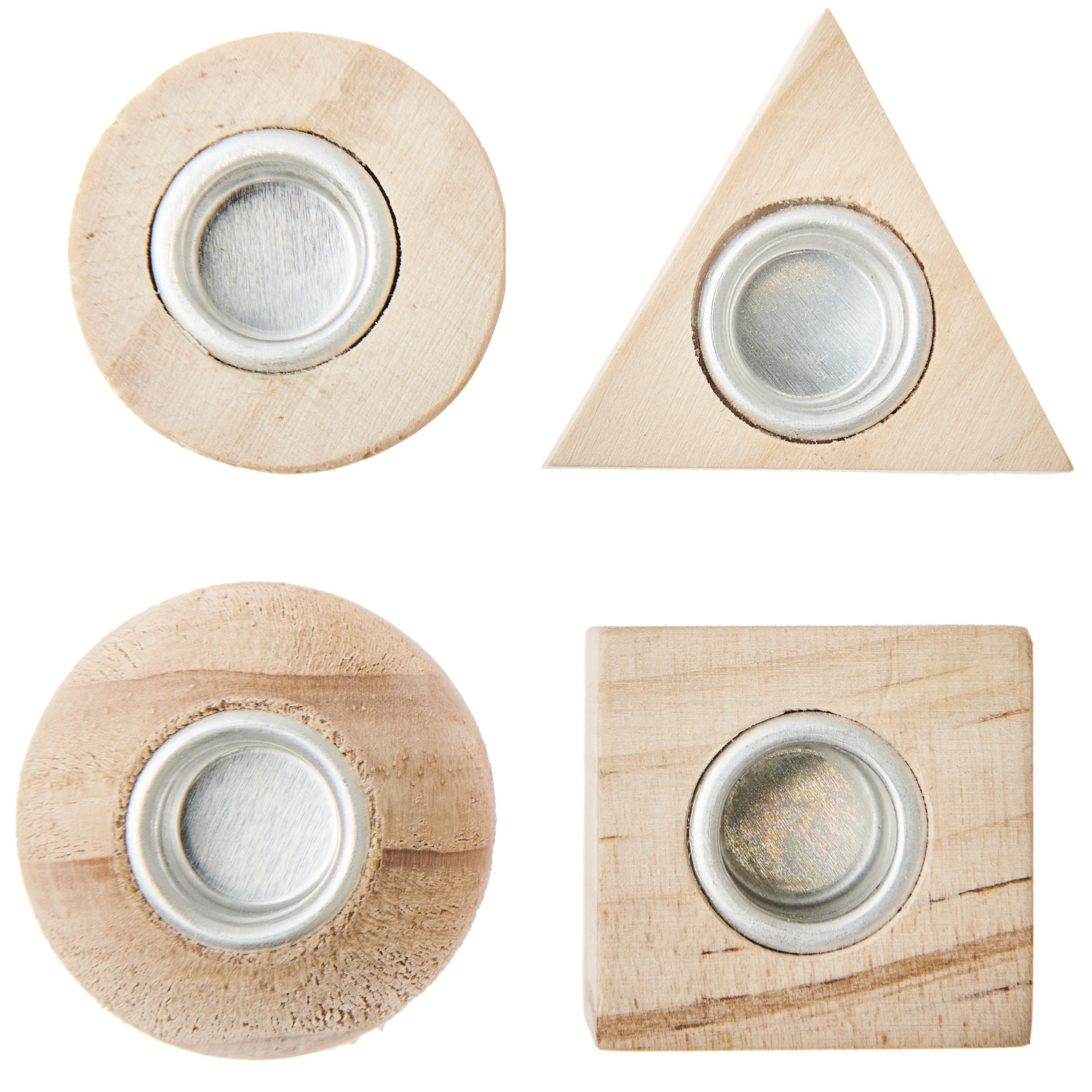Mini Kerzenhalter Geometrische Formen aus Holz, 4 Stück, von Rico Design. Runde, dreieckige und quadratische Designs, ideal für moderne Dekoration.