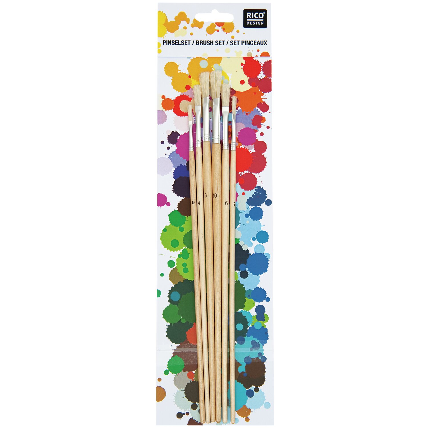Borstenpinsel flach 6er Set No. 1, ideal für Künstler. Holzgriffe, bunte Verpackung, Marke Rico Design. Perfekt für präzises Malen.