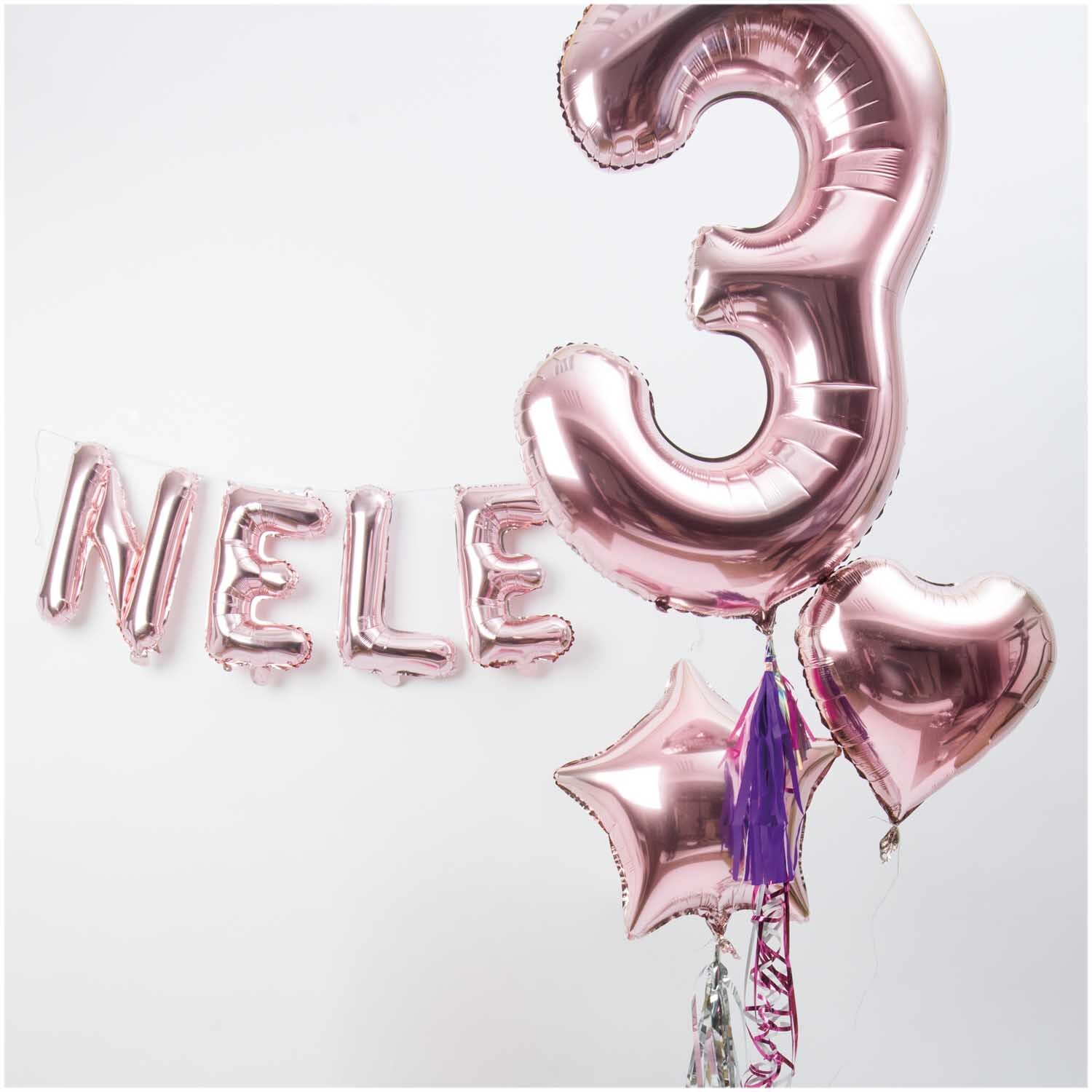 Folienballon Zahl rosa 86cm von Rico Design: Rosa Ballon in Form der Zahl 3 mit Herz- und Sternballons. Ideal für Geburtstagsfeiern.