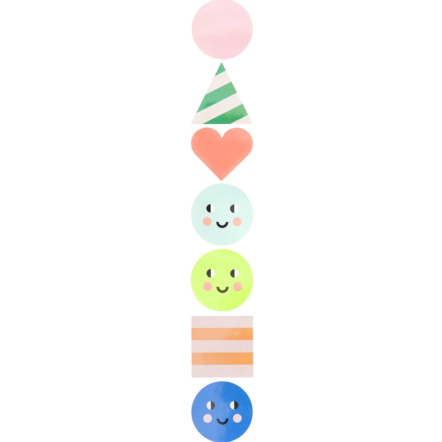 Paper Poetry Sticker Happy Birthday Formen mit bunten, fröhlichen Motiven wie Herzen und Gesichtern. Ideal für kreative Dekorationen.