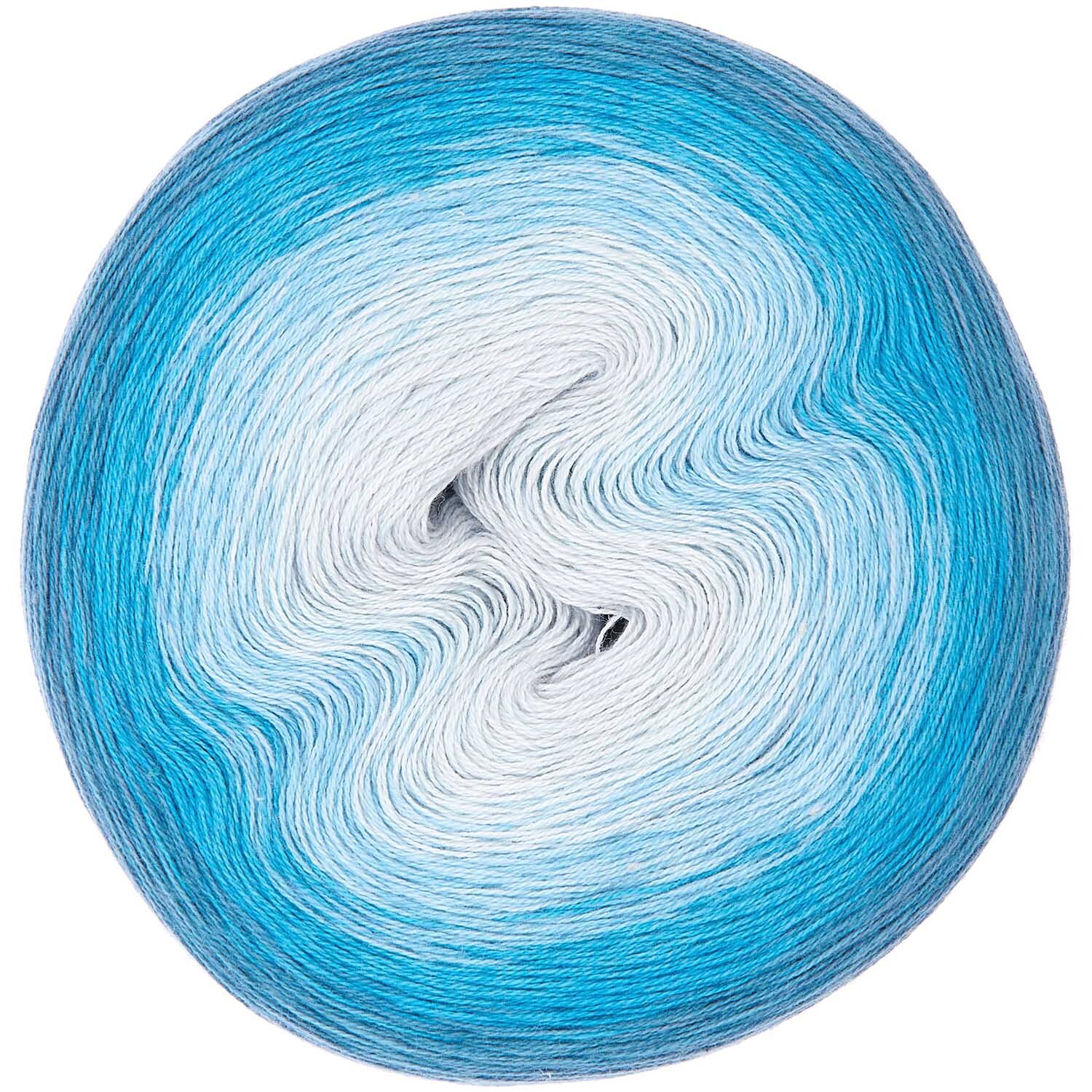 Creative Cotton Dégradé Lucky 8 von Rico Design: Farbverlaufsgarn in Aqua, 200g, 800m, zeigt sanfte Übergänge von Weiß zu Blau.