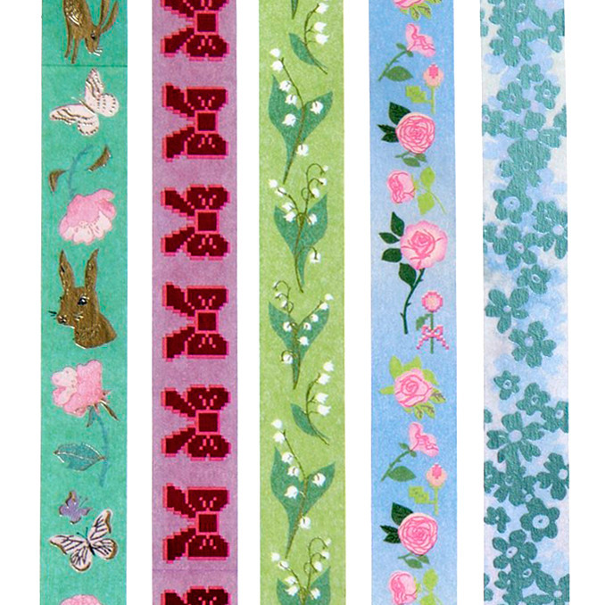 Paper Poetry Tape Set La Vie En Rose Grün/Blau, 5-teilig, mit floralen und tierischen Mustern auf buntem Hintergrund. Ideal für kreative Projekte.