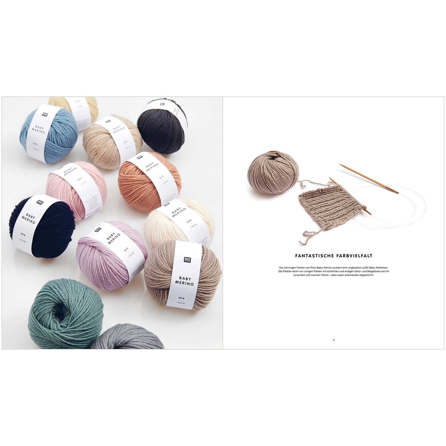 Baby Merino 01: Verschiedene Garnknäuel in sanften Farben von Rico Design, ideal zum Stricken.