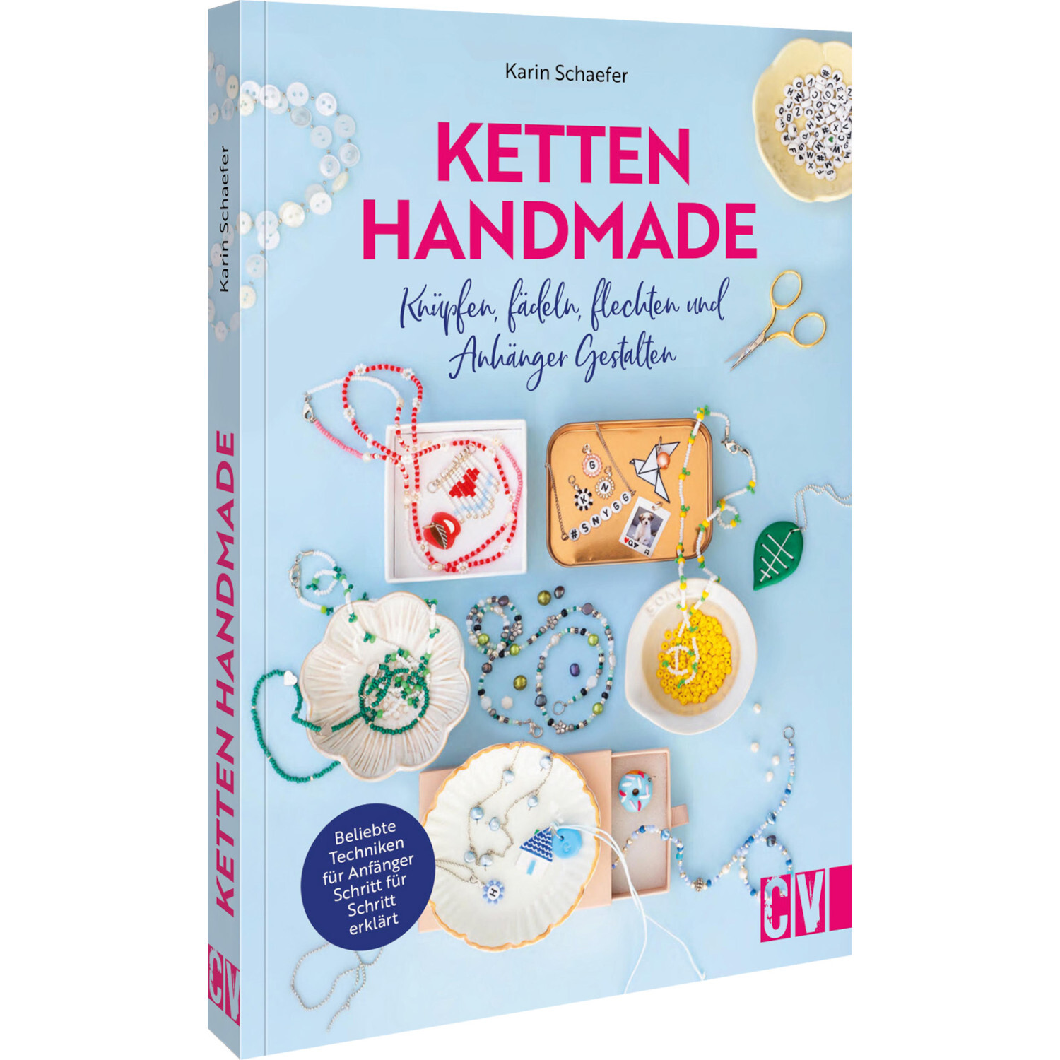 Ketten handmade: DIY-Buch von Christophorus Verlag mit Anleitungen zum Knüpfen und Gestalten von Schmuck auf hellblauem Hintergrund.