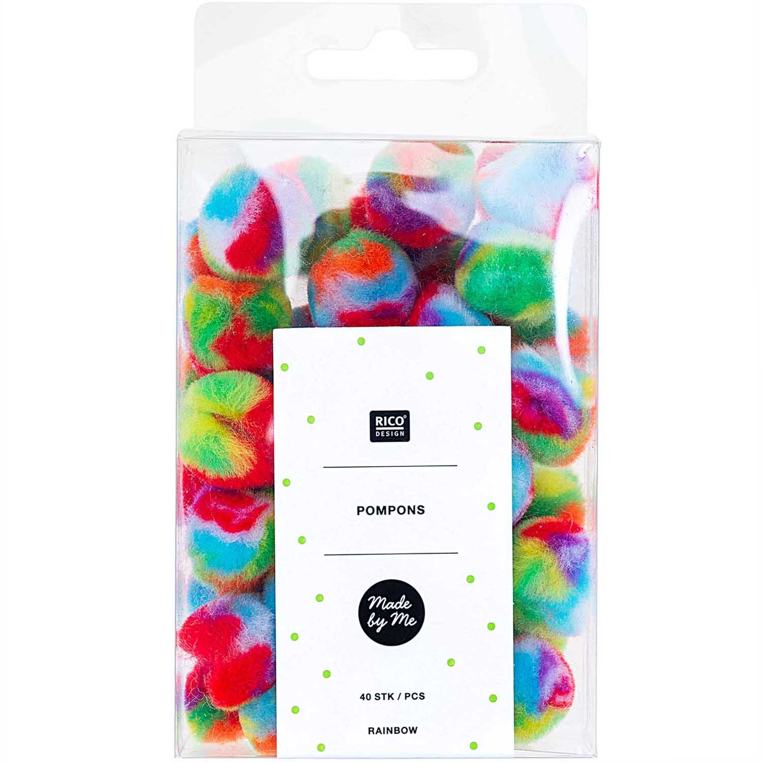 Pompons Regenbogen 25mm 40 Stück von Rico Design in einer transparenten Verpackung, ideal für kreative Bastelprojekte.