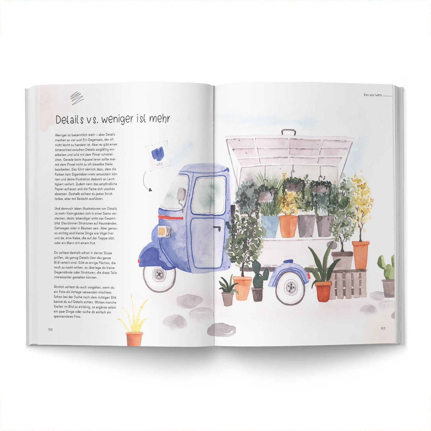 Community Editions Urban Watercolor Journey: Geöffnetes Buch mit Aquarell eines blauen Lieferwagens, beladen mit Pflanzen in Töpfen.