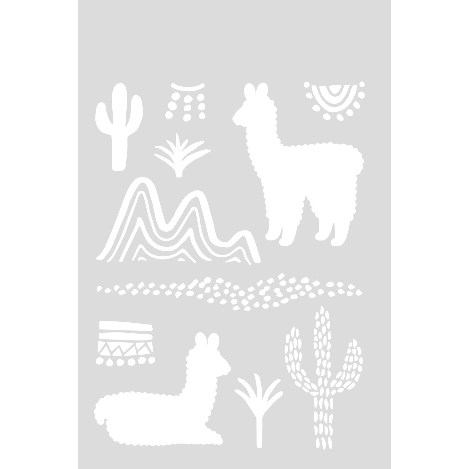 Schablone Lamas 18,5x24,5cm selbstklebend mit weißen Lamas, Kakteen und Mustern auf grauem Hintergrund von Rico Design.